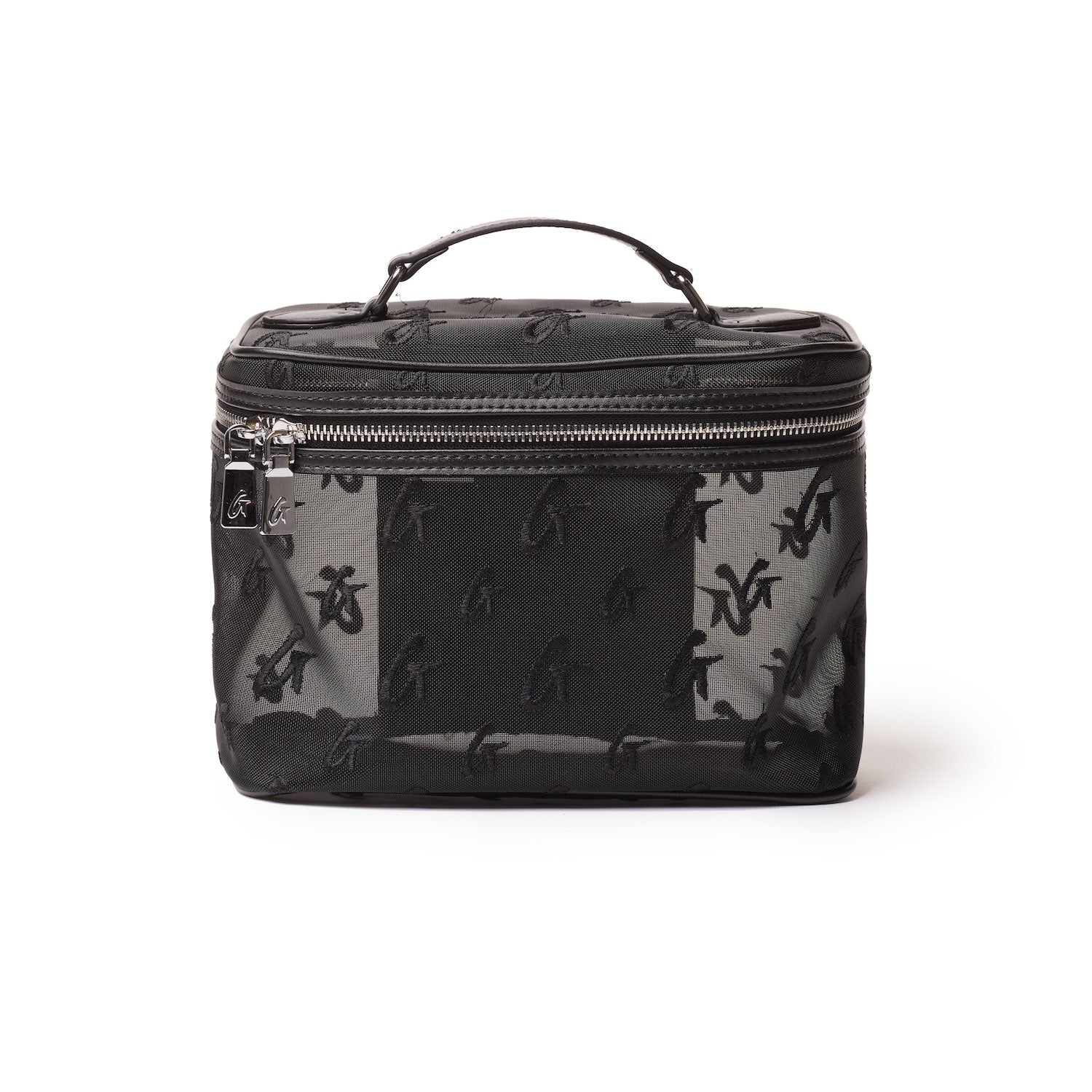 Large black mesh monogram toiletry bag with a top handle and silver zipper, featuring a repeating monogram pattern.