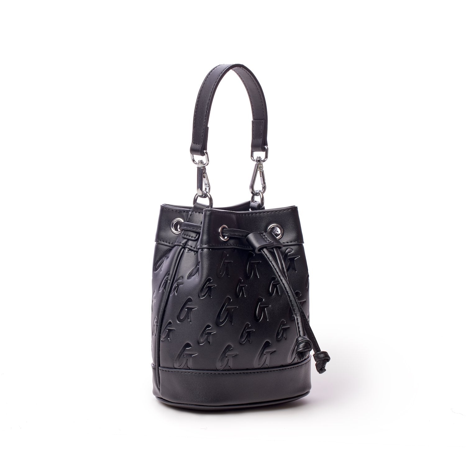 Black mini bucket bag with embossed G logo pattern, adjustable strap, and drawstring closure.