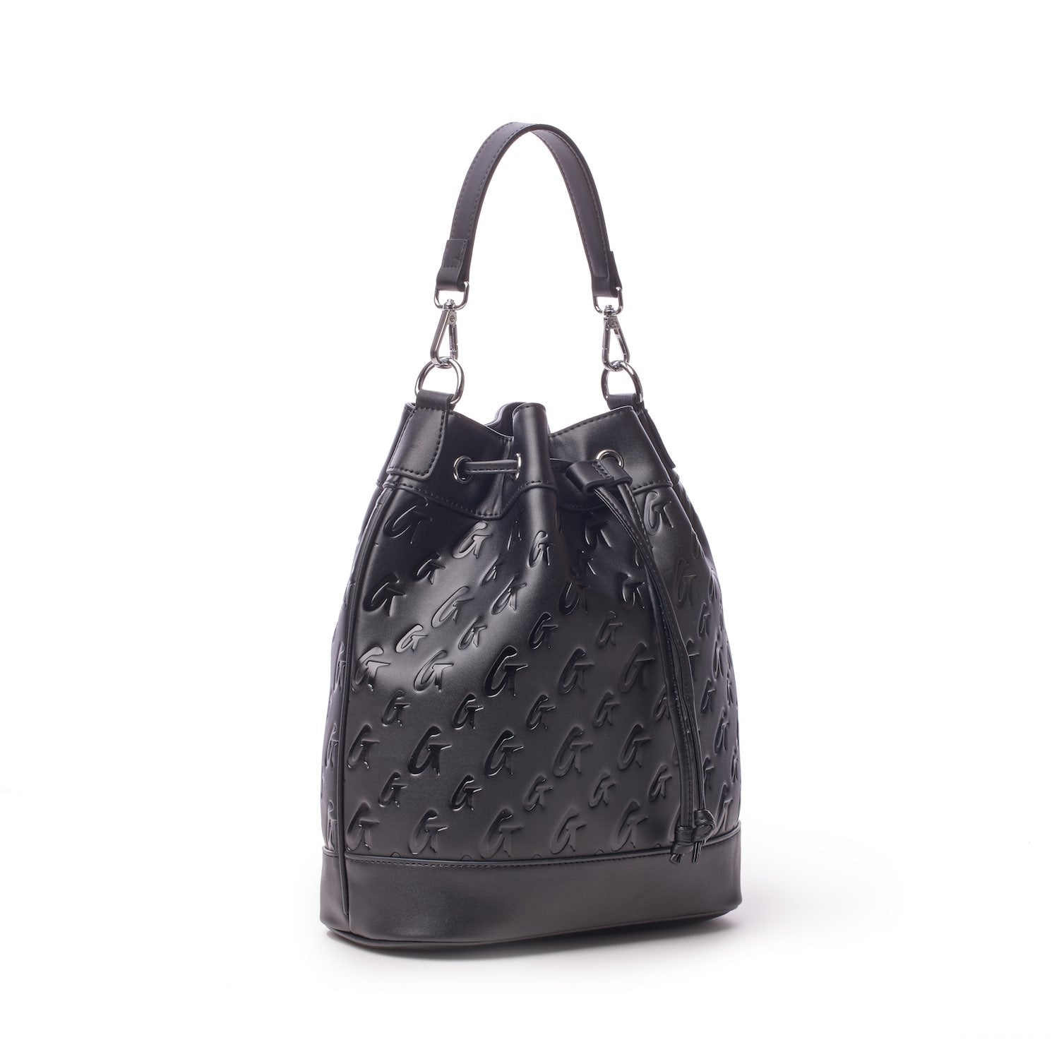 Large black monogram bucket bag with embossed logo pattern, top drawstring closure, and adjustable shoulder strap.
