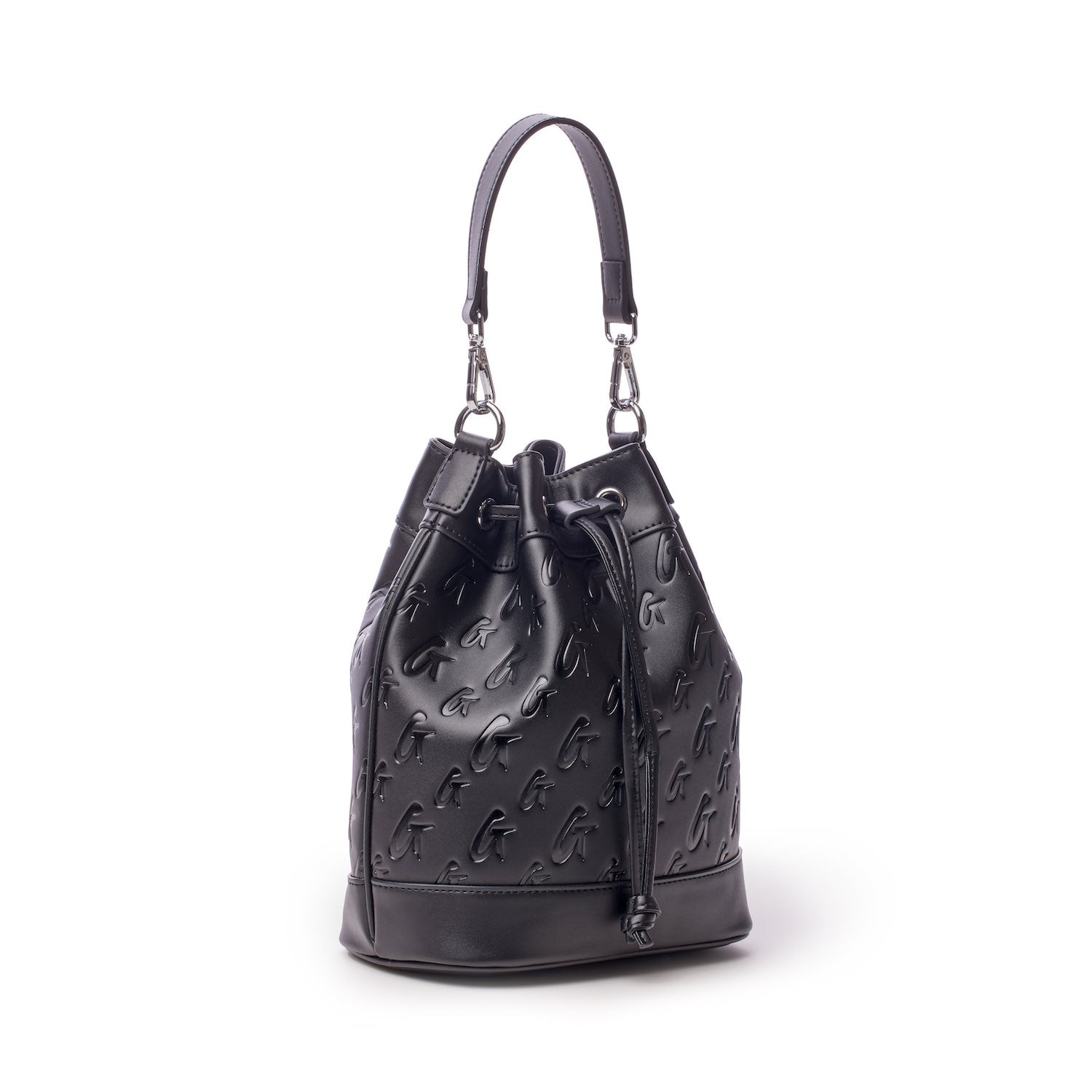 Black medium monogram bucket bag with embossed logo pattern, drawstring closure, and adjustable shoulder strap.
