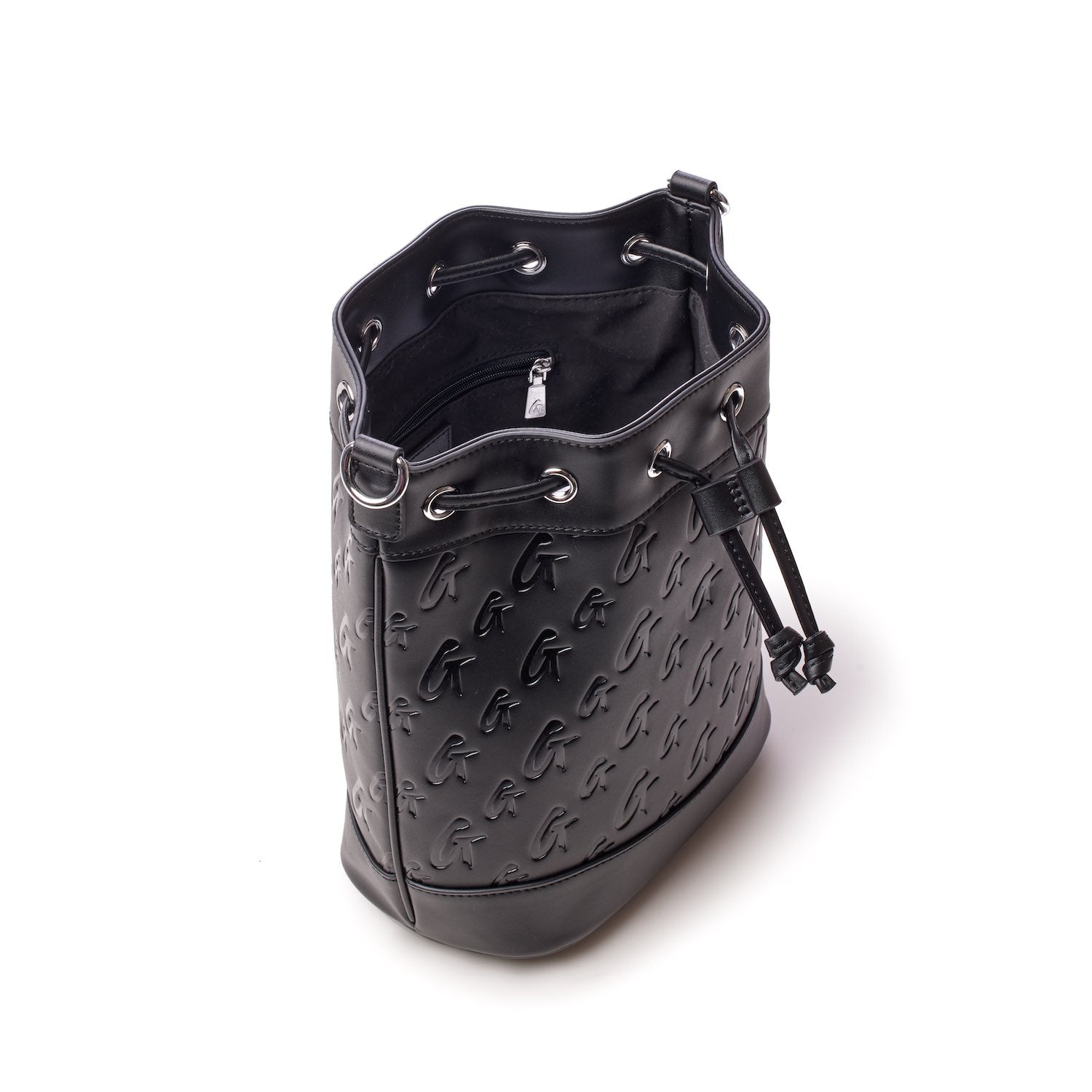 Black medium bucket bag with monogram pattern, drawstring closure, and interior zip pocket.