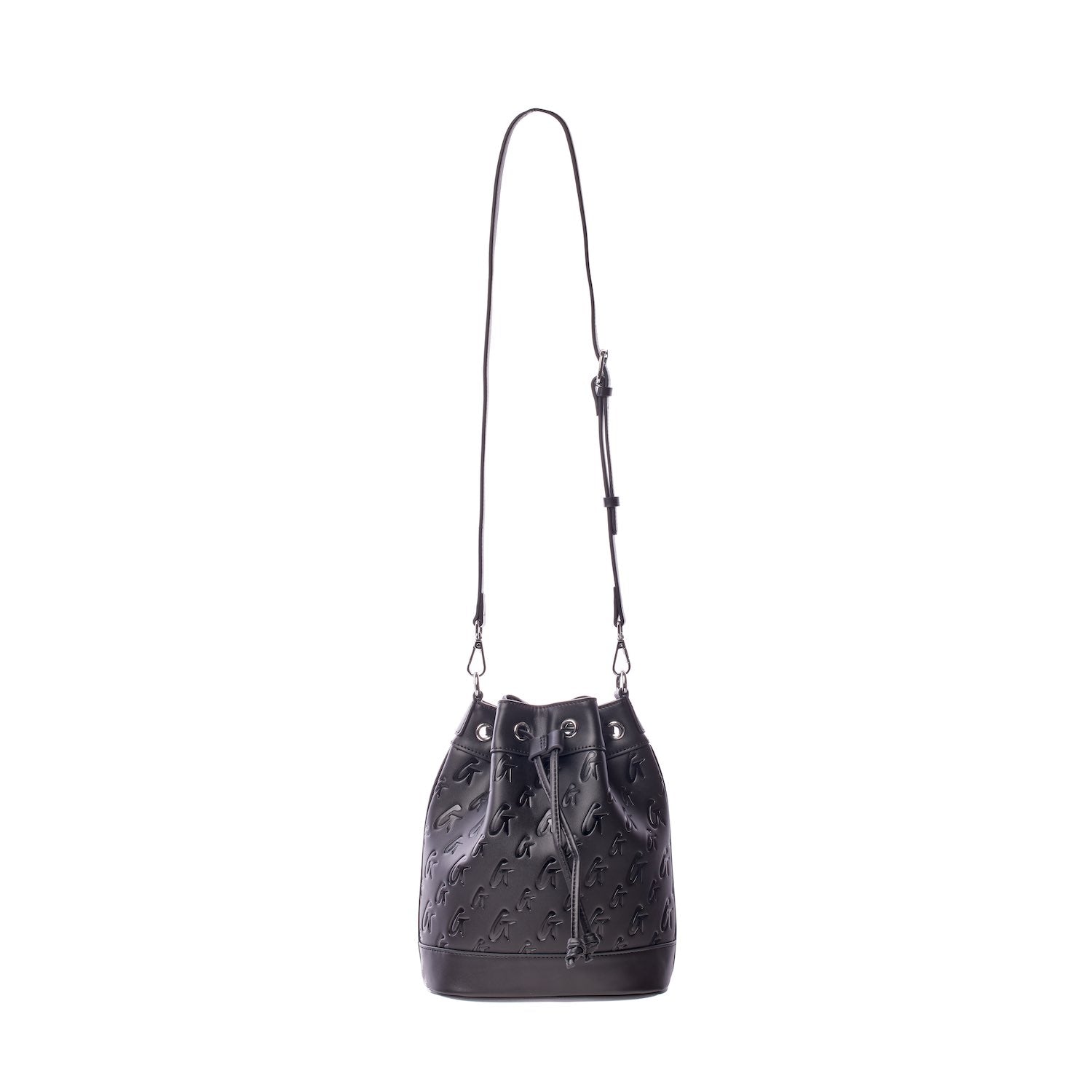 Medium black monogram bucket bag with a drawstring closure and adjustable shoulder strap, featuring embossed logo pattern.