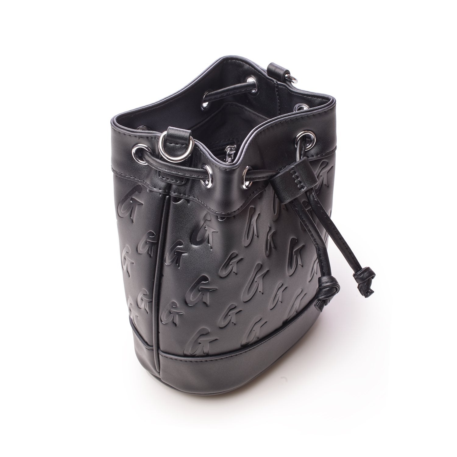 Black mini monogram bucket bag with embossed logo pattern, drawstring closure, and silver-tone hardware.