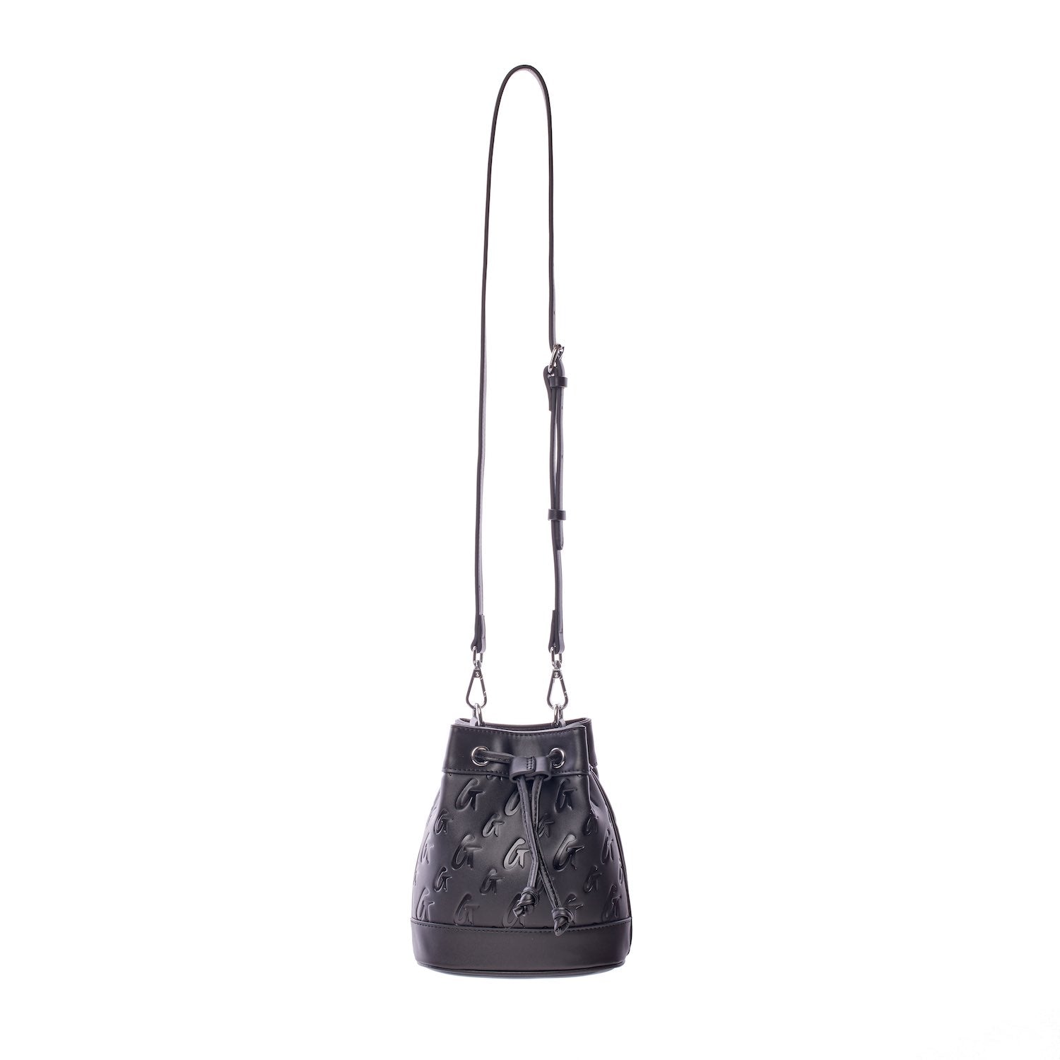 Mini Monogram Bucket Bag in black with a drawstring closure, embossed logo pattern, and adjustable shoulder strap.