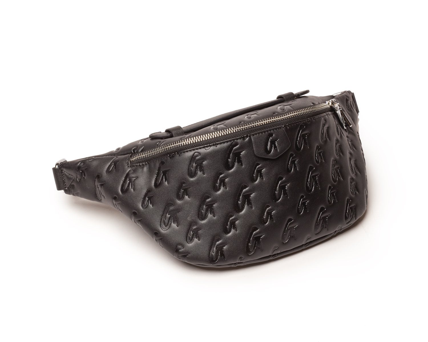 Black Monogram Fanny Pack with embossed logo pattern and silver zipper, designed for stylish, hands-free convenience.