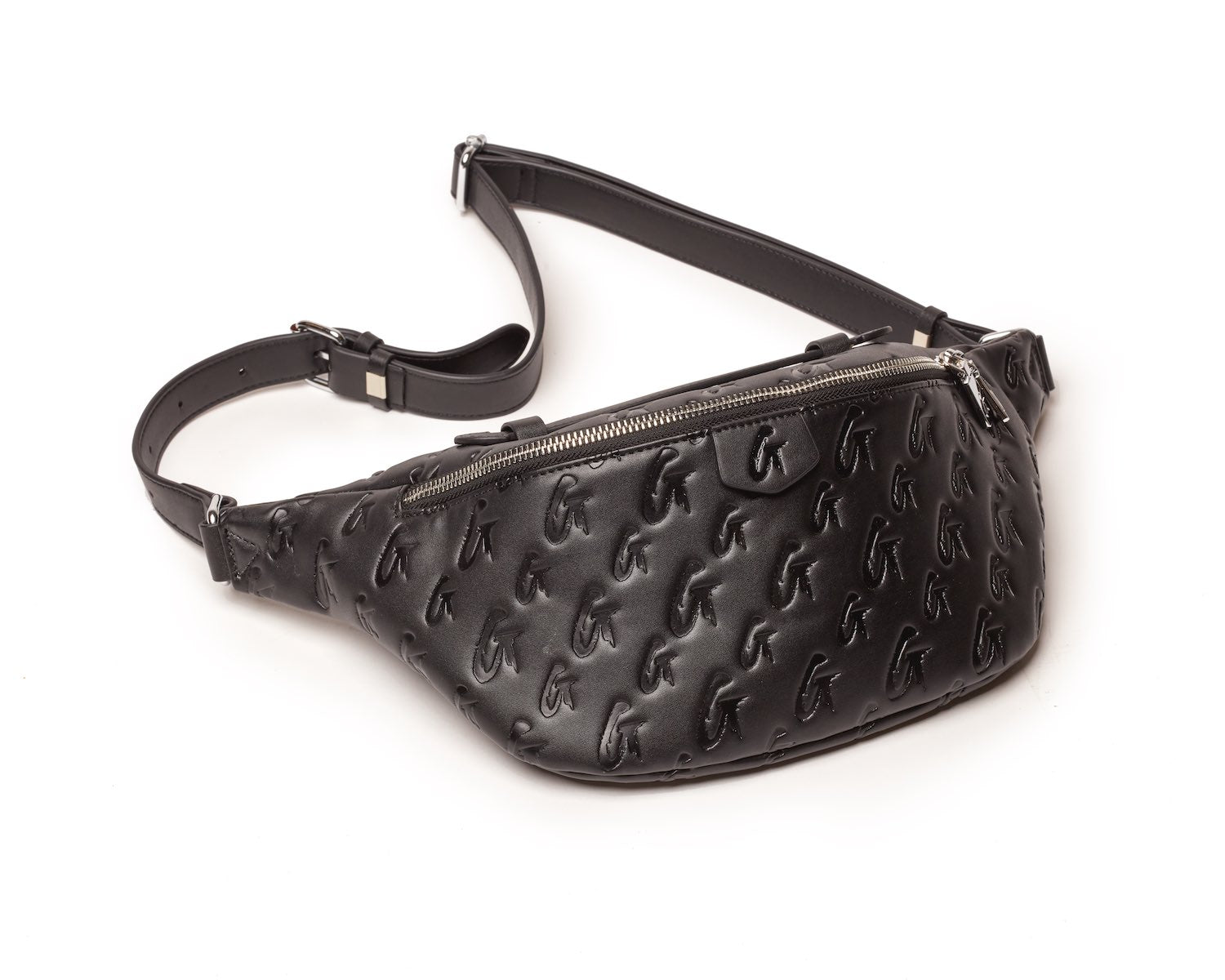 Black Monogram Fanny Pack with embossed logo pattern, adjustable strap, and front zipper pocket.
