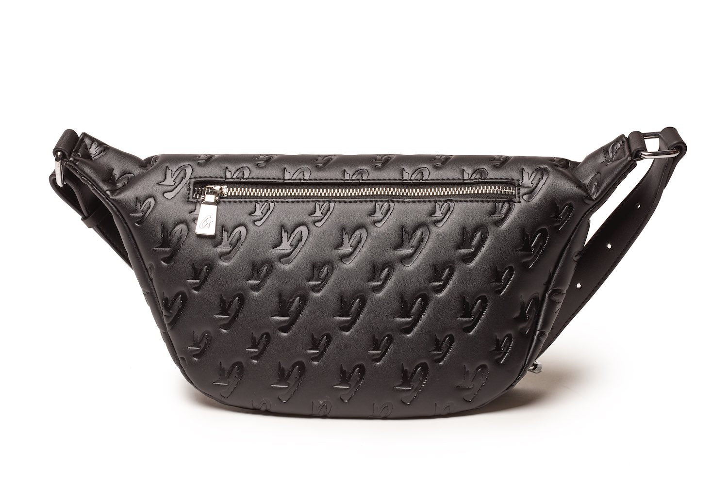 Black Monogram Fanny Pack with embossed logo pattern, front zipper pocket, and adjustable strap.