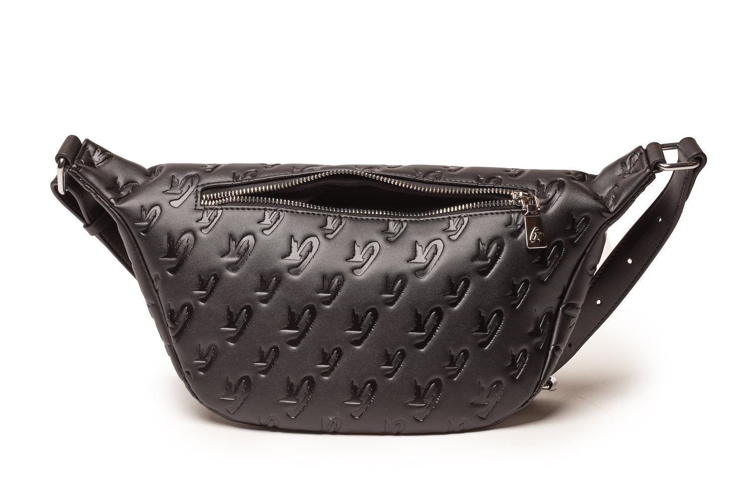 Black Monogram Fanny Pack with embossed logo pattern, zippered main compartment, and adjustable strap.