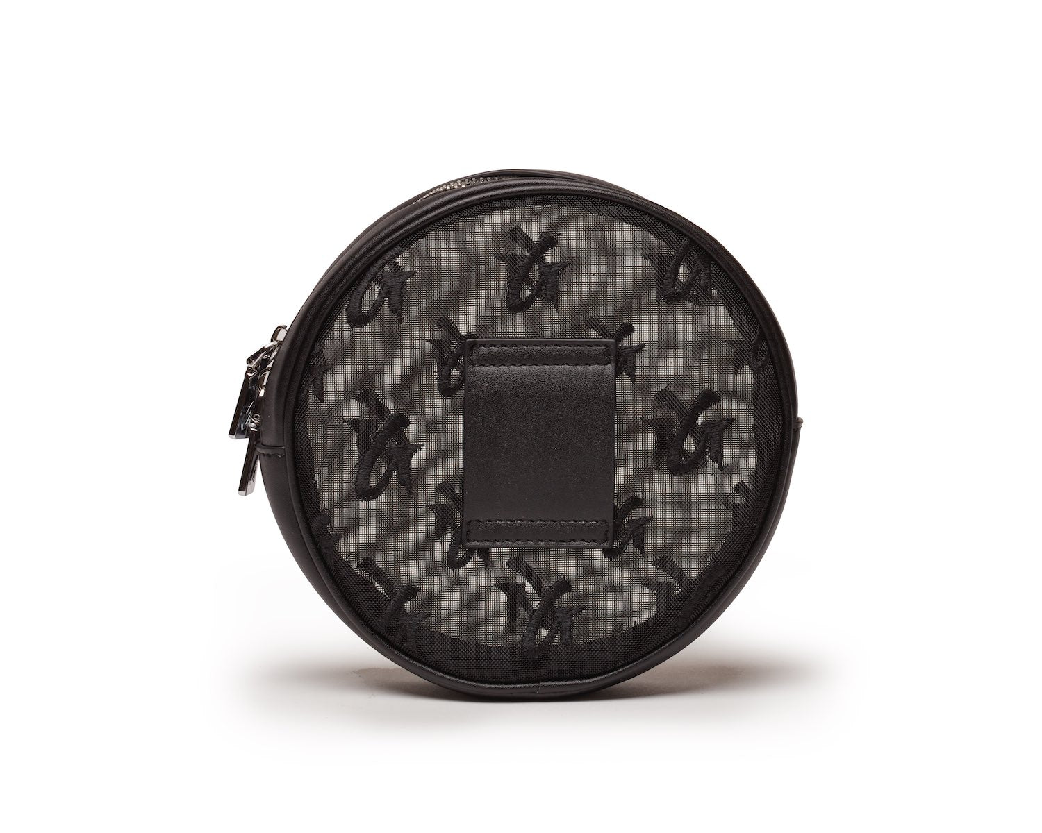 Round black mesh monogram fanny pack with a front patch pocket and zipper closure, featuring a repeating logo pattern.