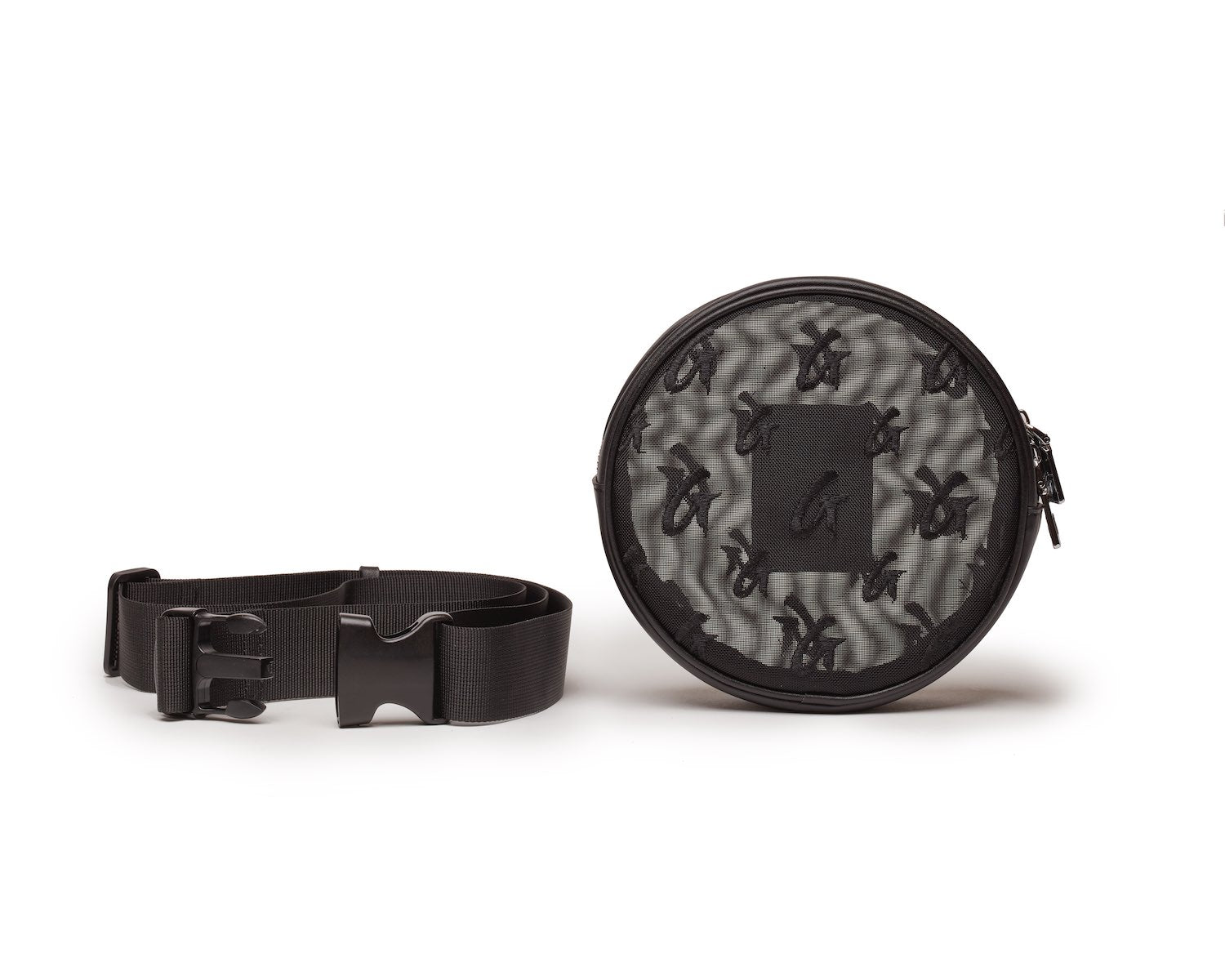 Black mesh monogram fanny pack with adjustable strap and logo pattern, designed for hands-free convenience and style.