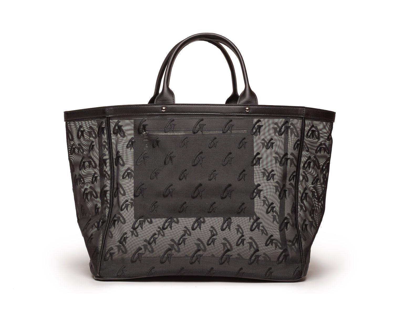 Black mesh tote bag with monogram pattern, dual handles, and a zippered pocket on the front.