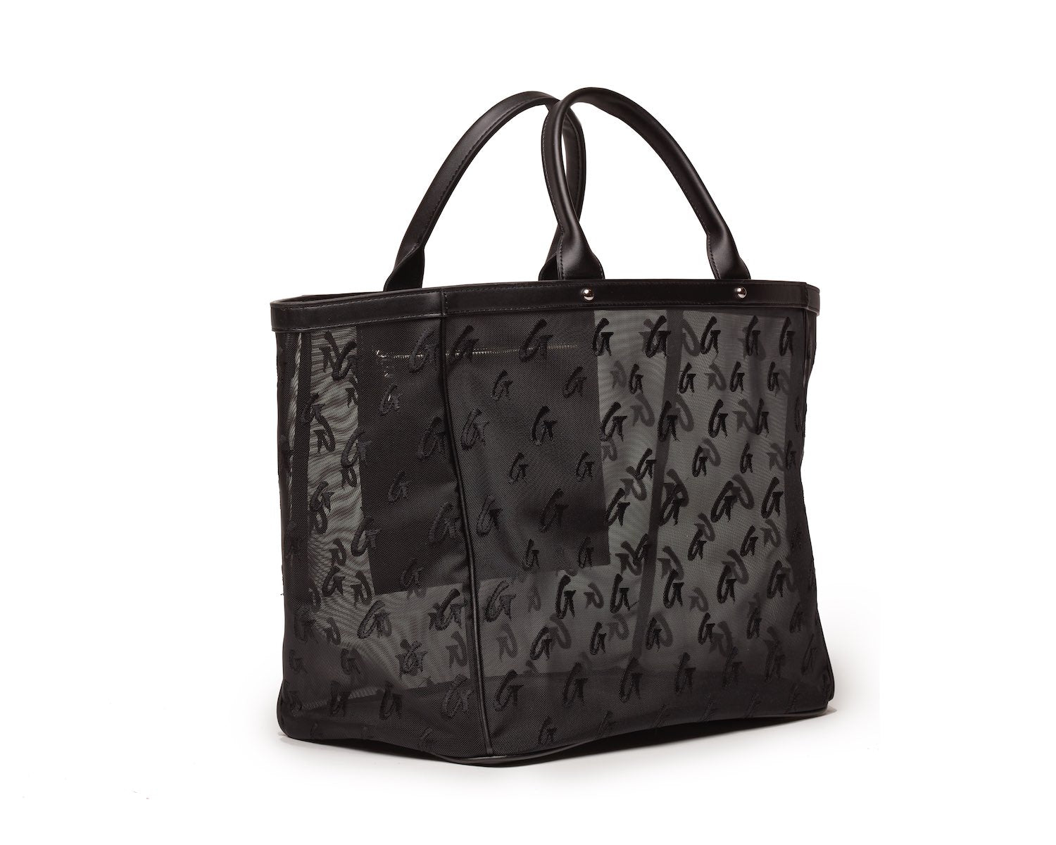 Black mesh tote bag with monogram pattern, dual handles, and leather trim, perfect for stylish everyday use.