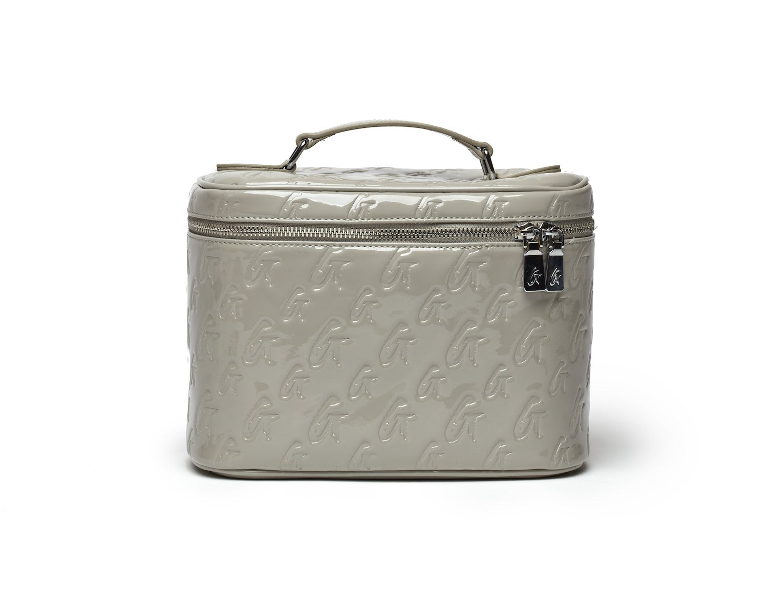 Large mirror gray monogram toiletry bag with embossed logo pattern, zipper closure, and top handle.