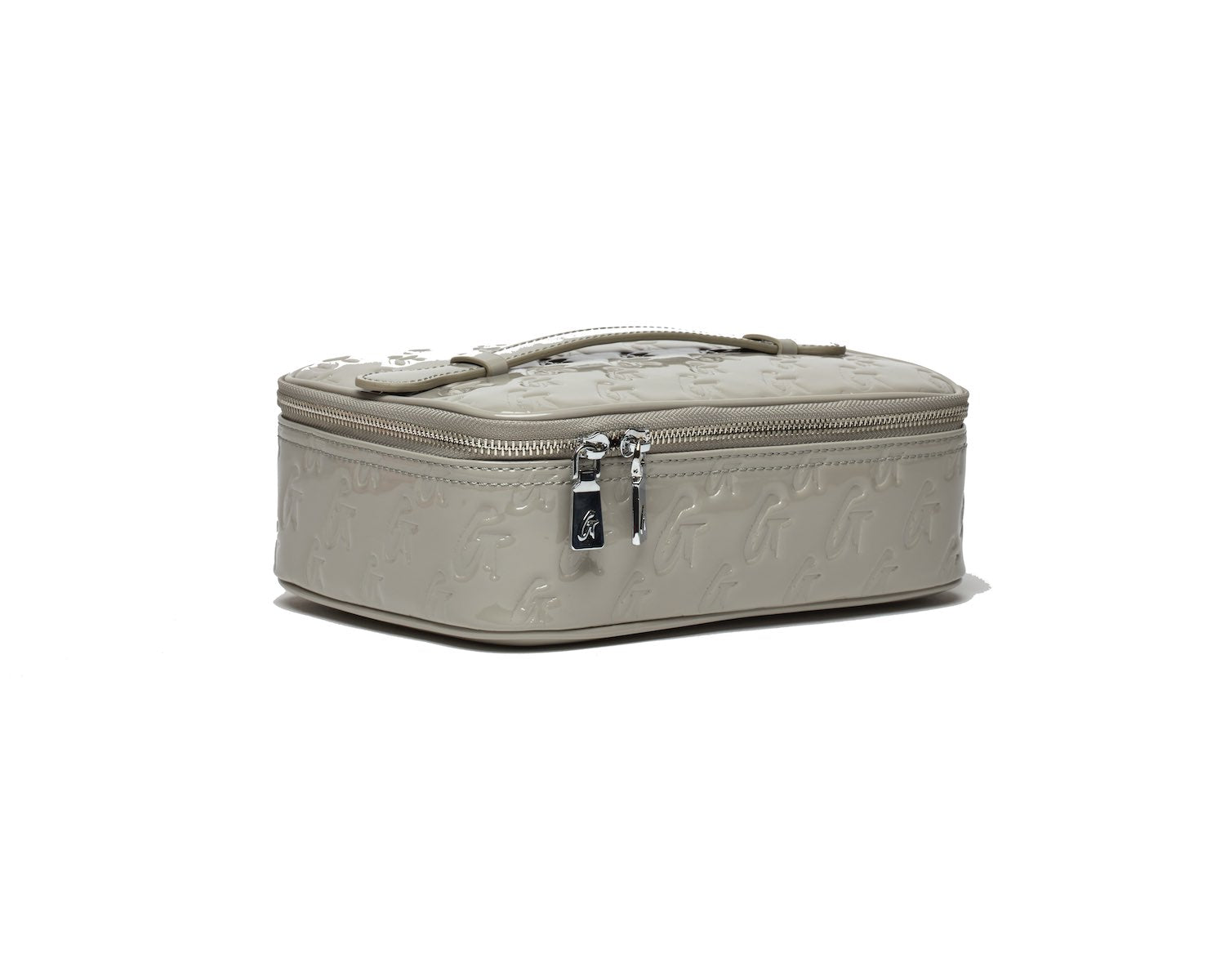Medium gray monogram toiletry bag with embossed logo pattern, silver zipper, and handle on top.