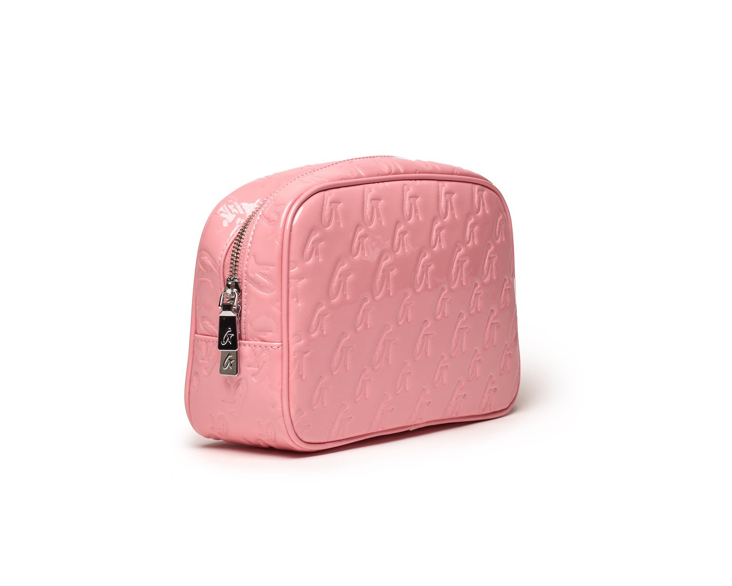 Small pink monogram toiletry bag with embossed logo pattern and a zipper closure.