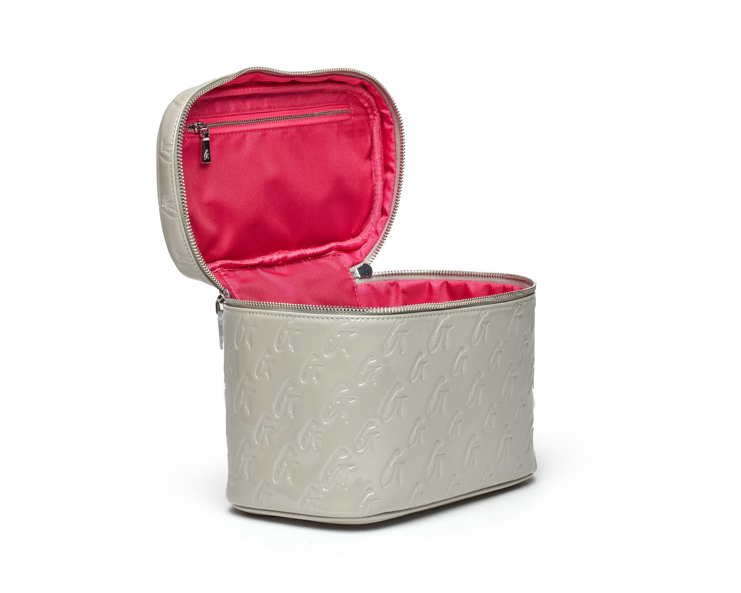 Large monogram toiletry bag in mirror gray with embossed logo, open to reveal pink interior lining and zipper pocket.