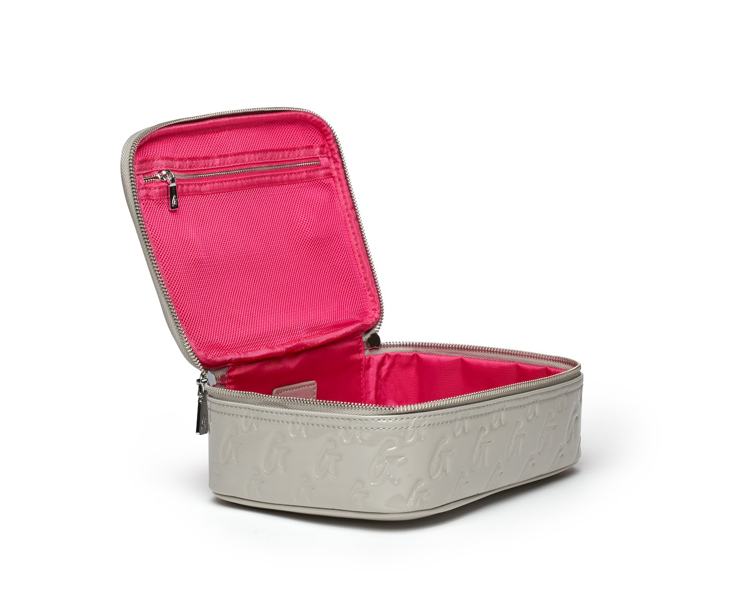 Medium monogram toiletry bag in mirror gray with a pink interior, featuring a zippered pocket and spacious main compartment.