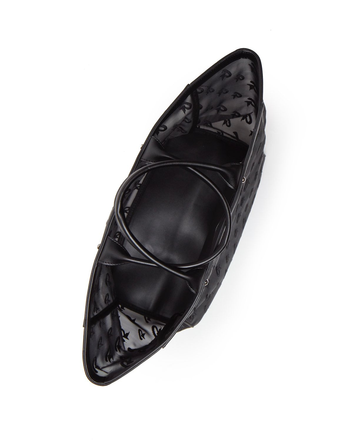 Black mesh monogram tote bag with interior lining featuring a repeating logo pattern and sturdy handles.