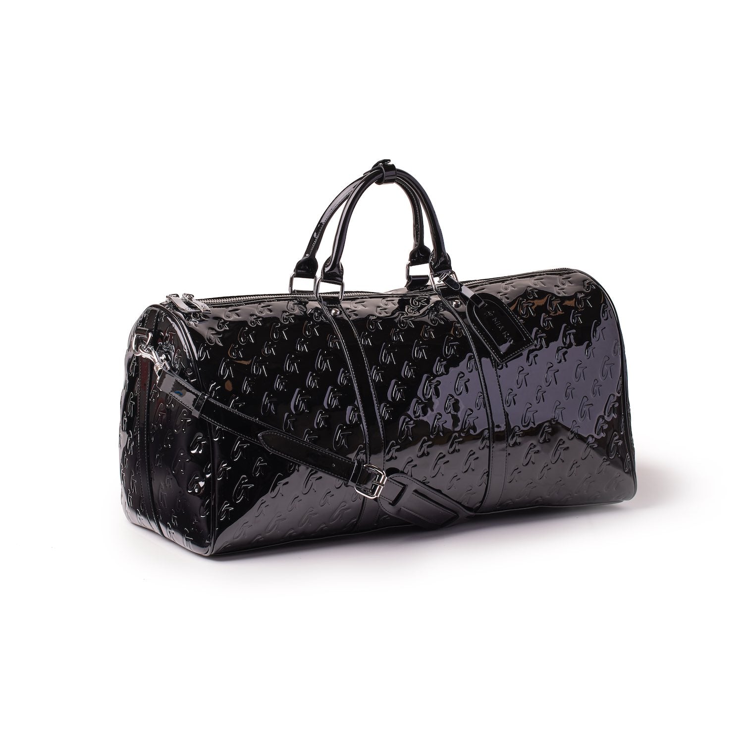 Mirror black Monogram duffle bag with glossy finish, embossed logo pattern, top handles, and adjustable shoulder strap.