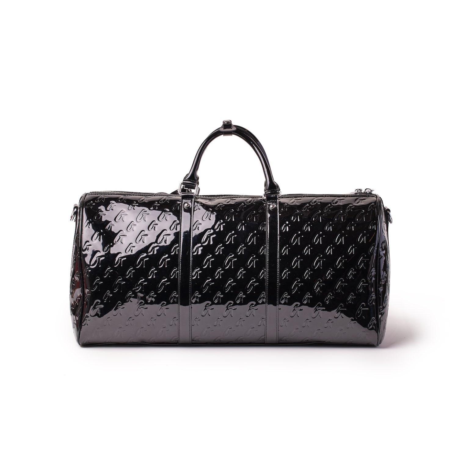 Black mirrored Monogram Duffle Bag with embossed logo pattern, dual handles, and zipper closure.