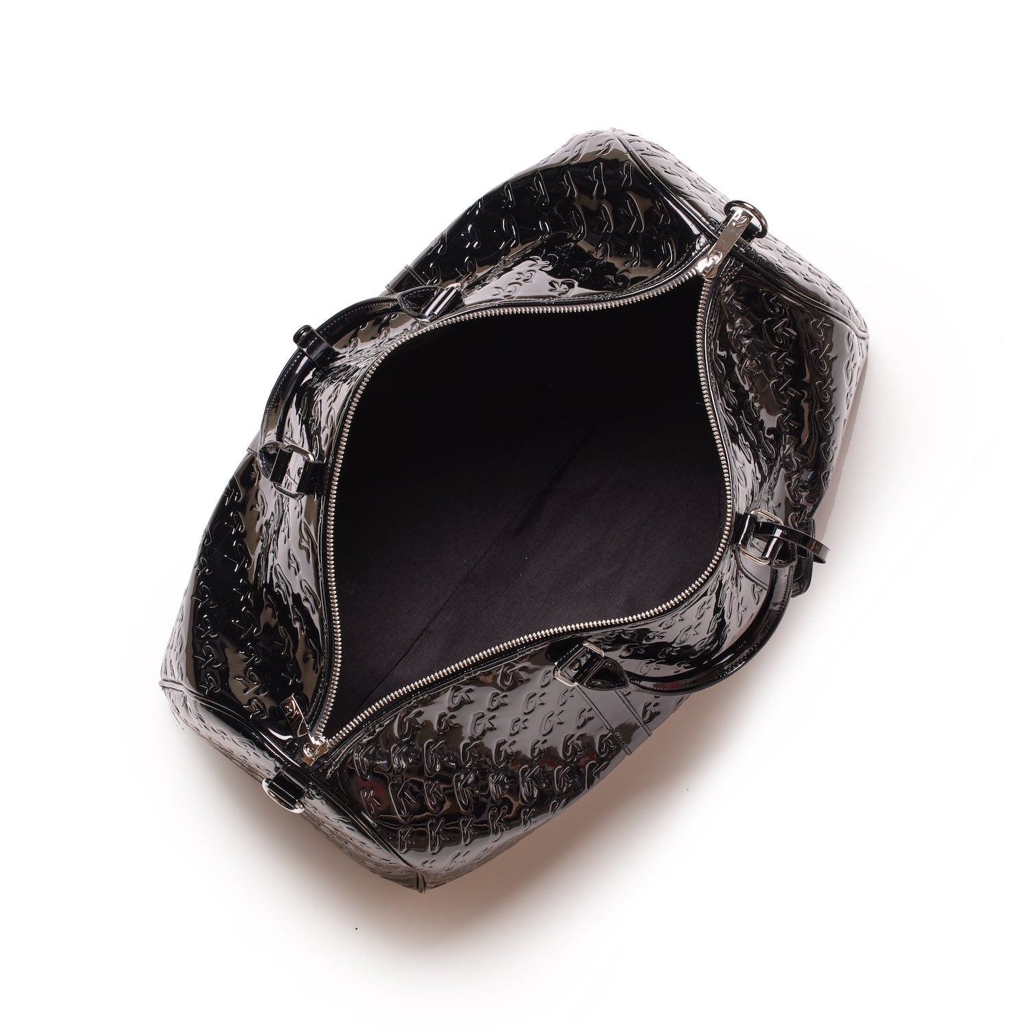 Mirror black Monogram duffle bag with embossed pattern, open zipper revealing spacious interior and black lining.