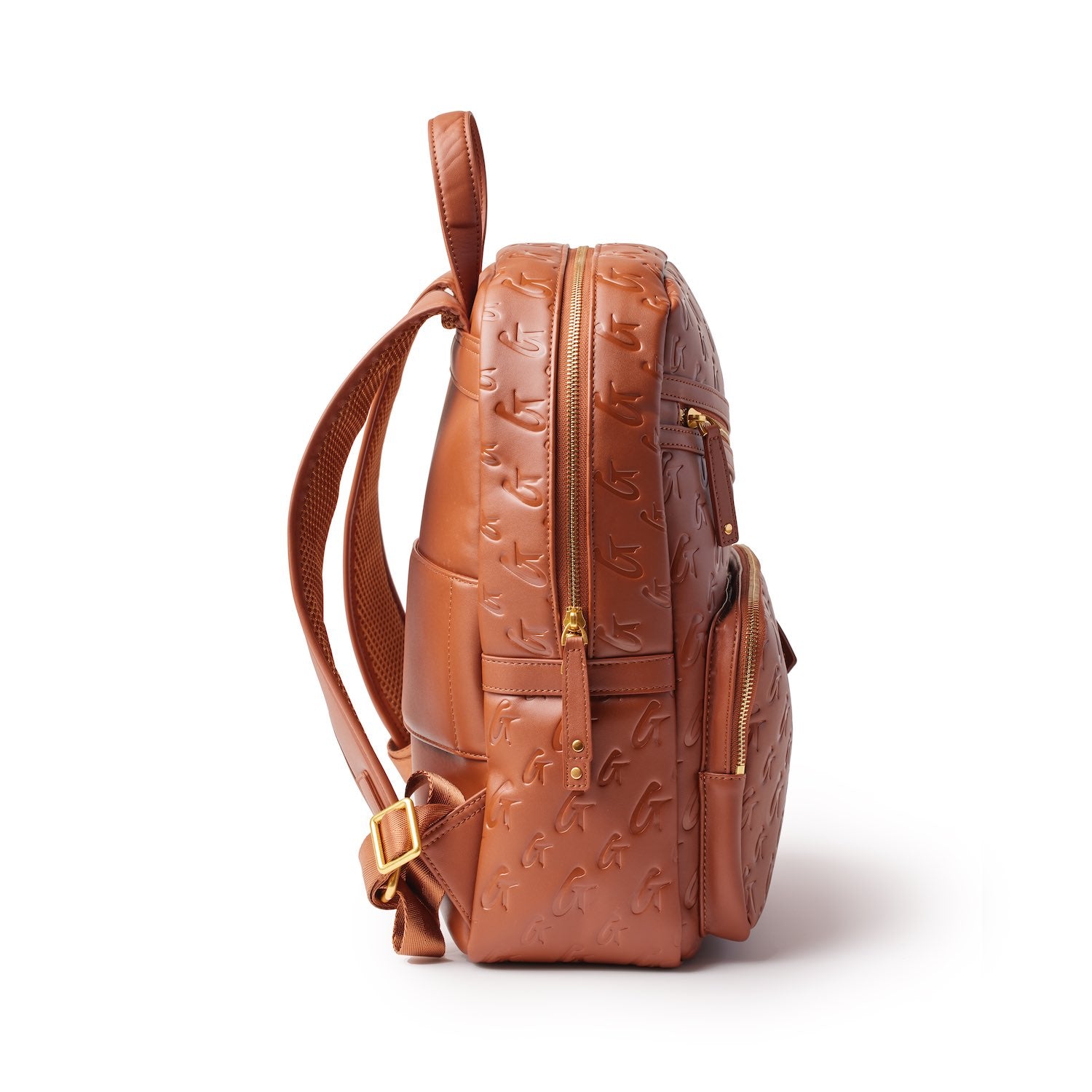 Brown unisex backpack with embossed monogram pattern, gold zippers, adjustable straps, and multiple compartments.