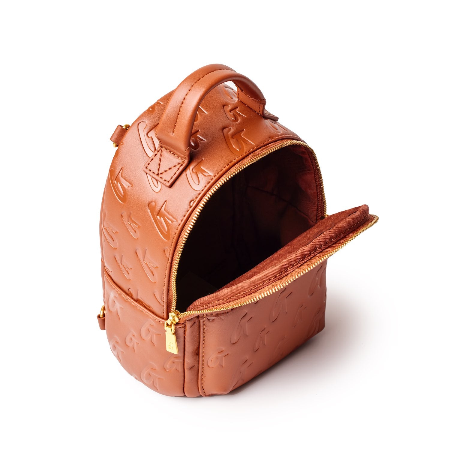 Brown mini monogram backpack with embossed logo pattern, gold zipper, and top handle, open to reveal a fabric-lined interior.