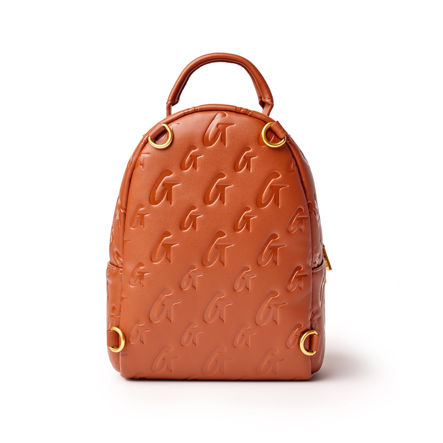 Mini brown monogram backpack with embossed G logo pattern, gold-tone hardware, top handle, and side D-rings.