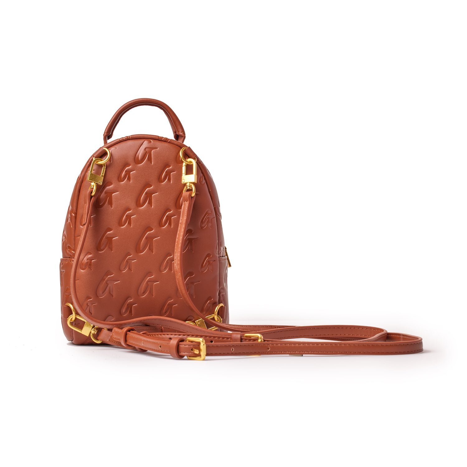 Mini brown monogram backpack with embossed G pattern, gold hardware, adjustable strap, and top handle.