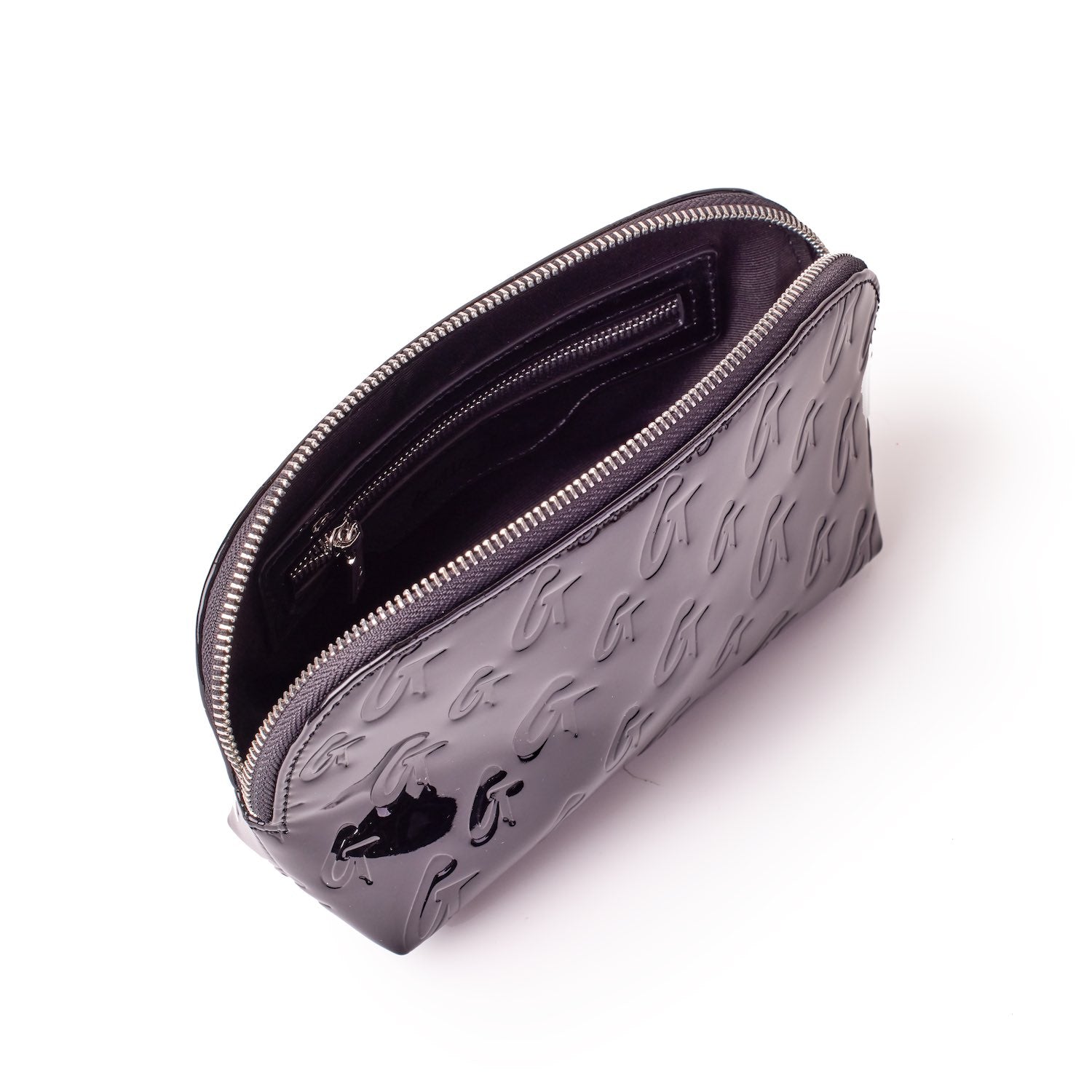 Black Monogram Cosmetic Pouch with a glossy finish, embossed with a repeating logo pattern and a silver zipper.