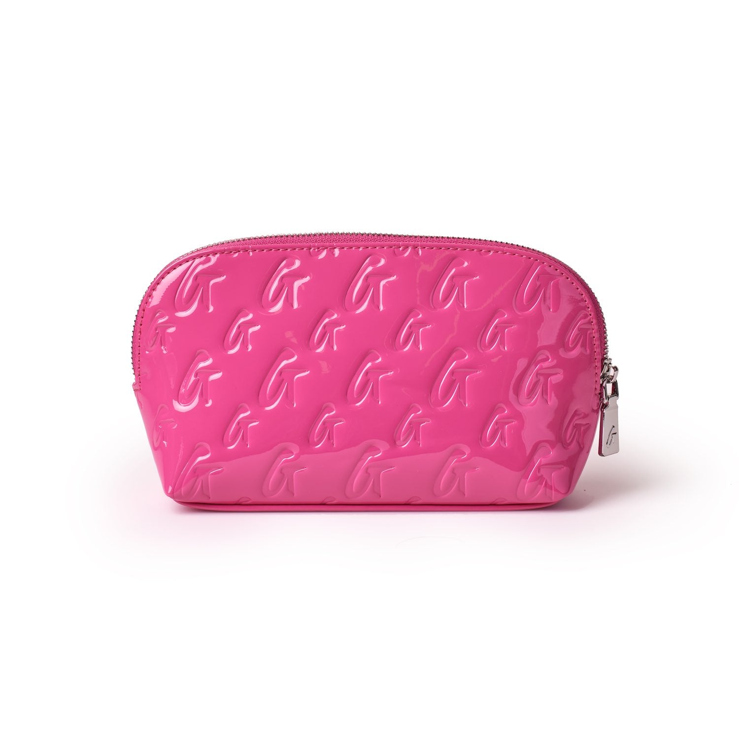 Pink glossy cosmetic pouch with embossed "G" pattern and a mirror, featuring a zipper closure.