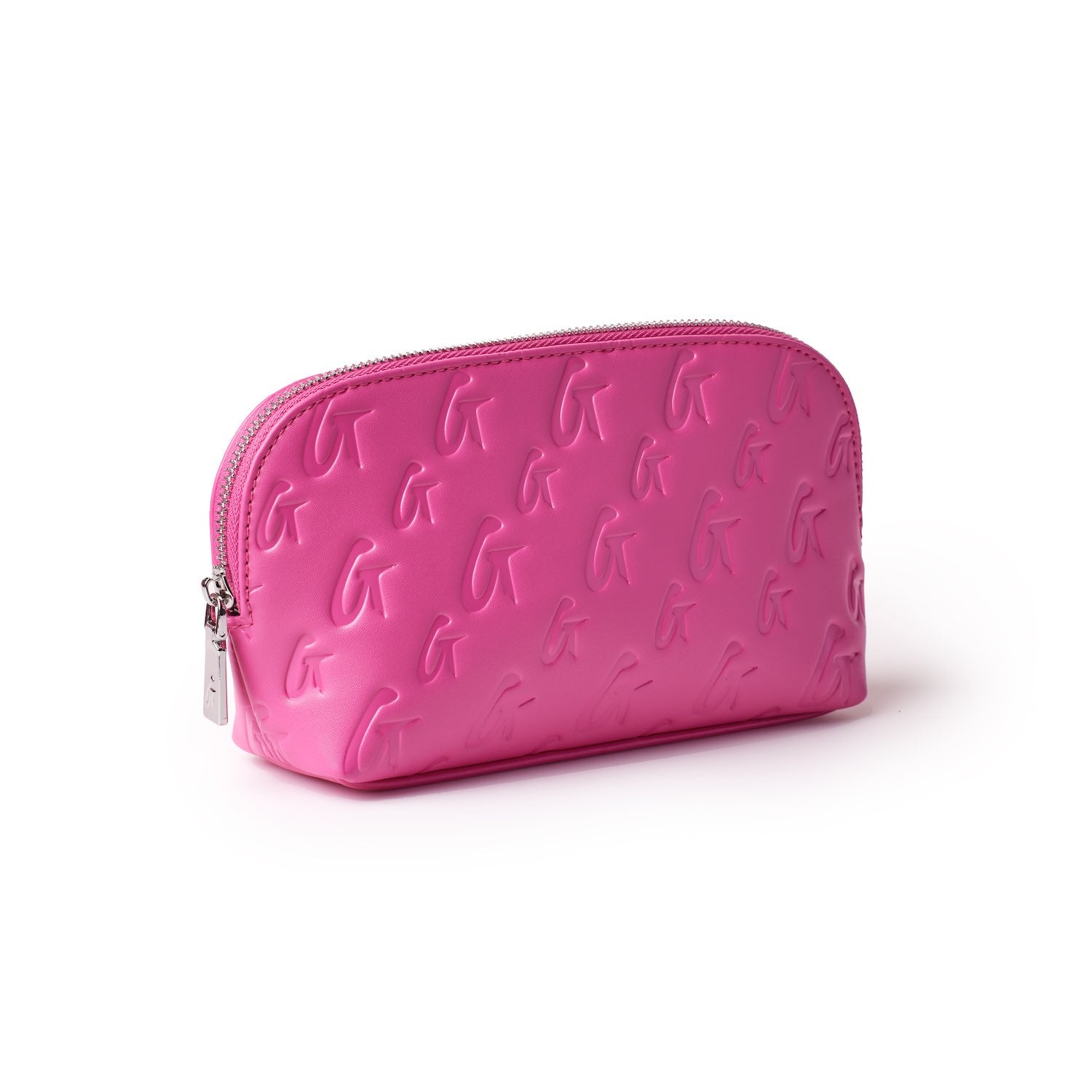 Hot pink monogram cosmetic pouch with embossed "G" pattern and silver zipper, stylish and compact for makeup essentials.