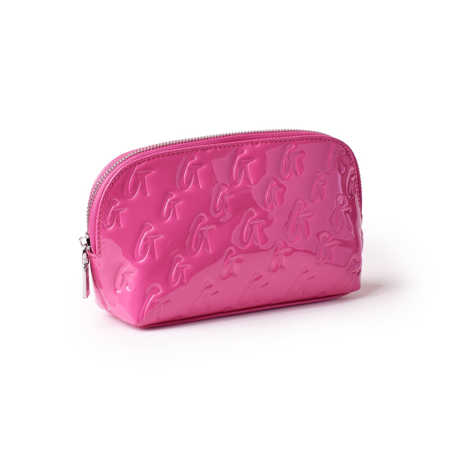 Pink monogram cosmetic pouch with a glossy finish, embossed with repeating letter G pattern and a mirror inside.