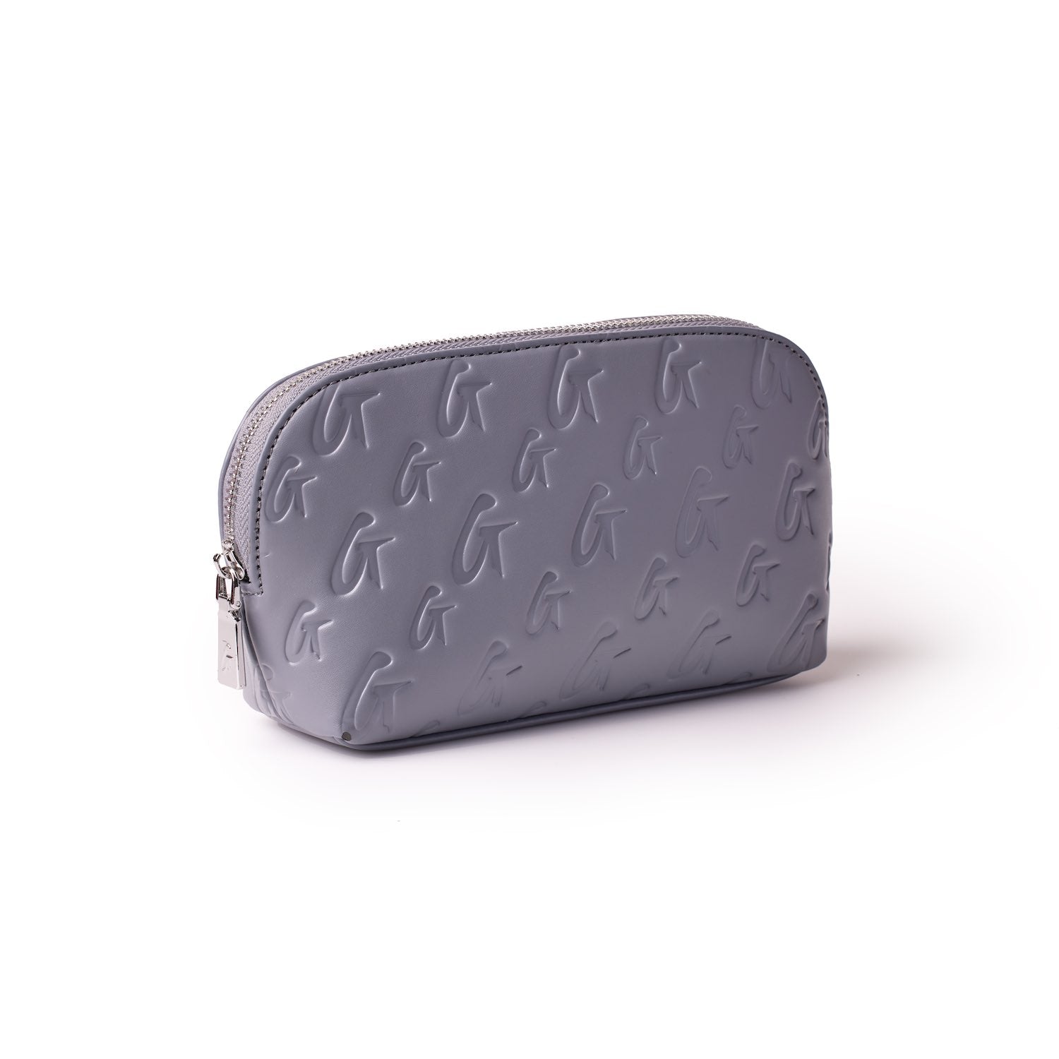 Gray monogram cosmetic pouch with embossed logo pattern, zipper closure, and compact rectangular design.