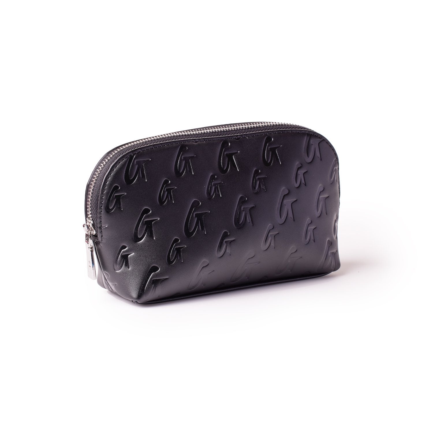 Black Monogram Cosmetic Pouch with embossed "G" pattern and silver zipper, stylish and compact for makeup storage.