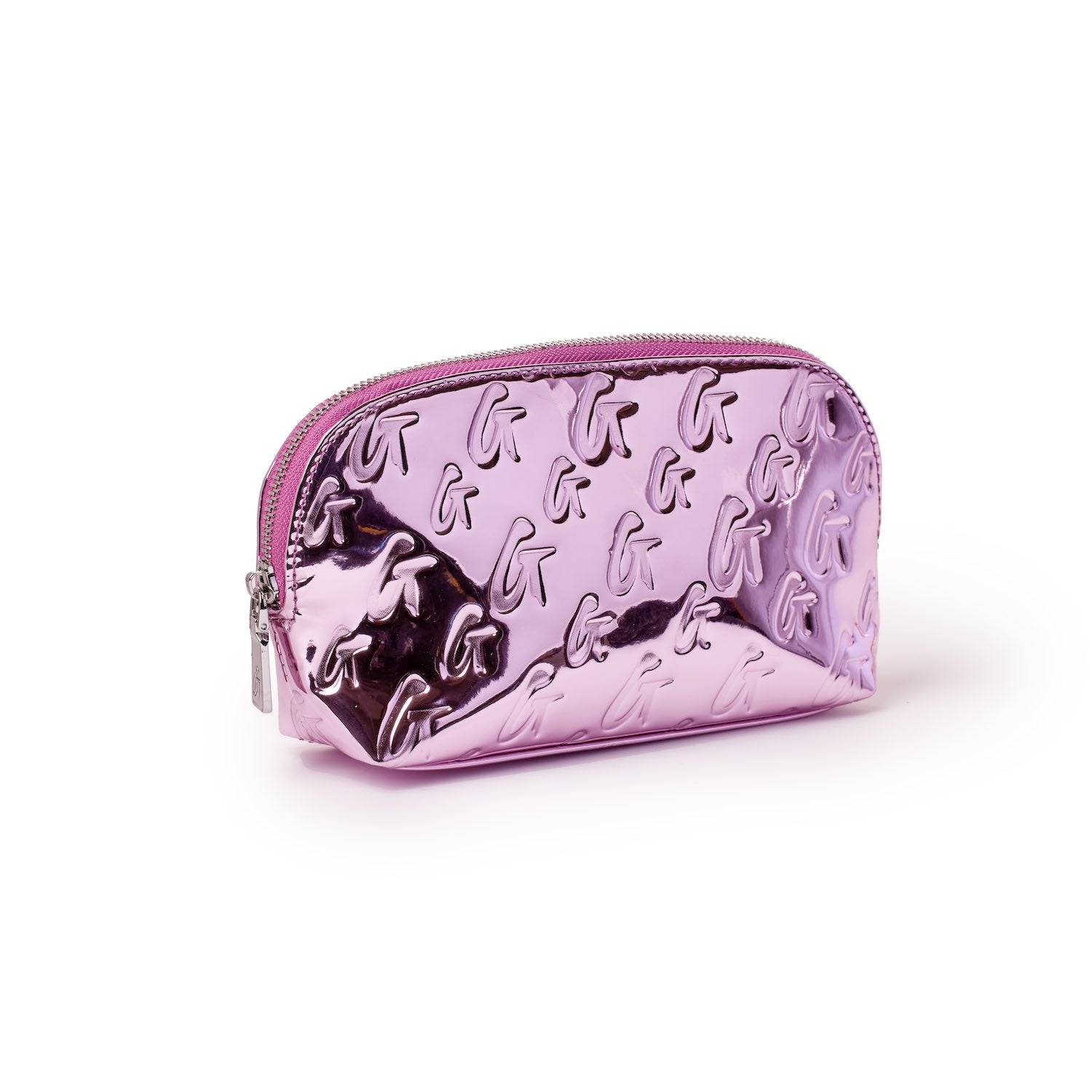 Metallic pink monogram cosmetic pouch with embossed "G" pattern and silver zipper.