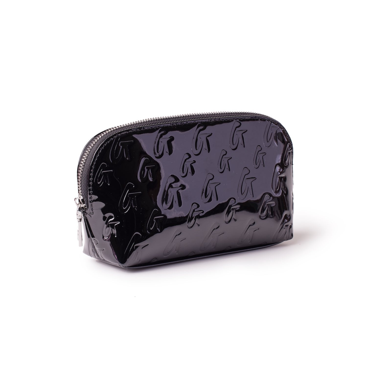 Black glossy cosmetic pouch with embossed "G" pattern and a silver zipper, featuring a mirror inside.