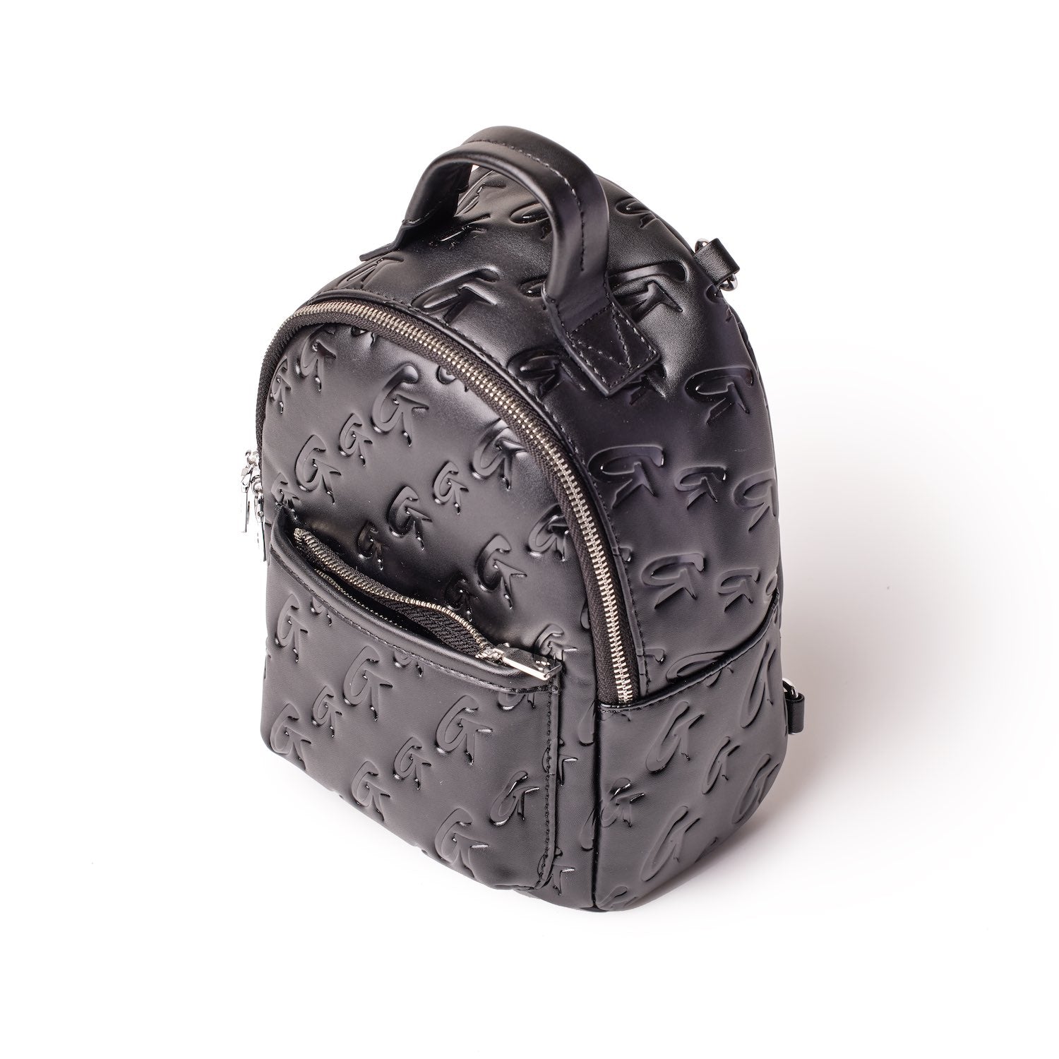 Small black backpack with embossed "G" monogram pattern, silver zipper, top handle, and front zip pocket.
