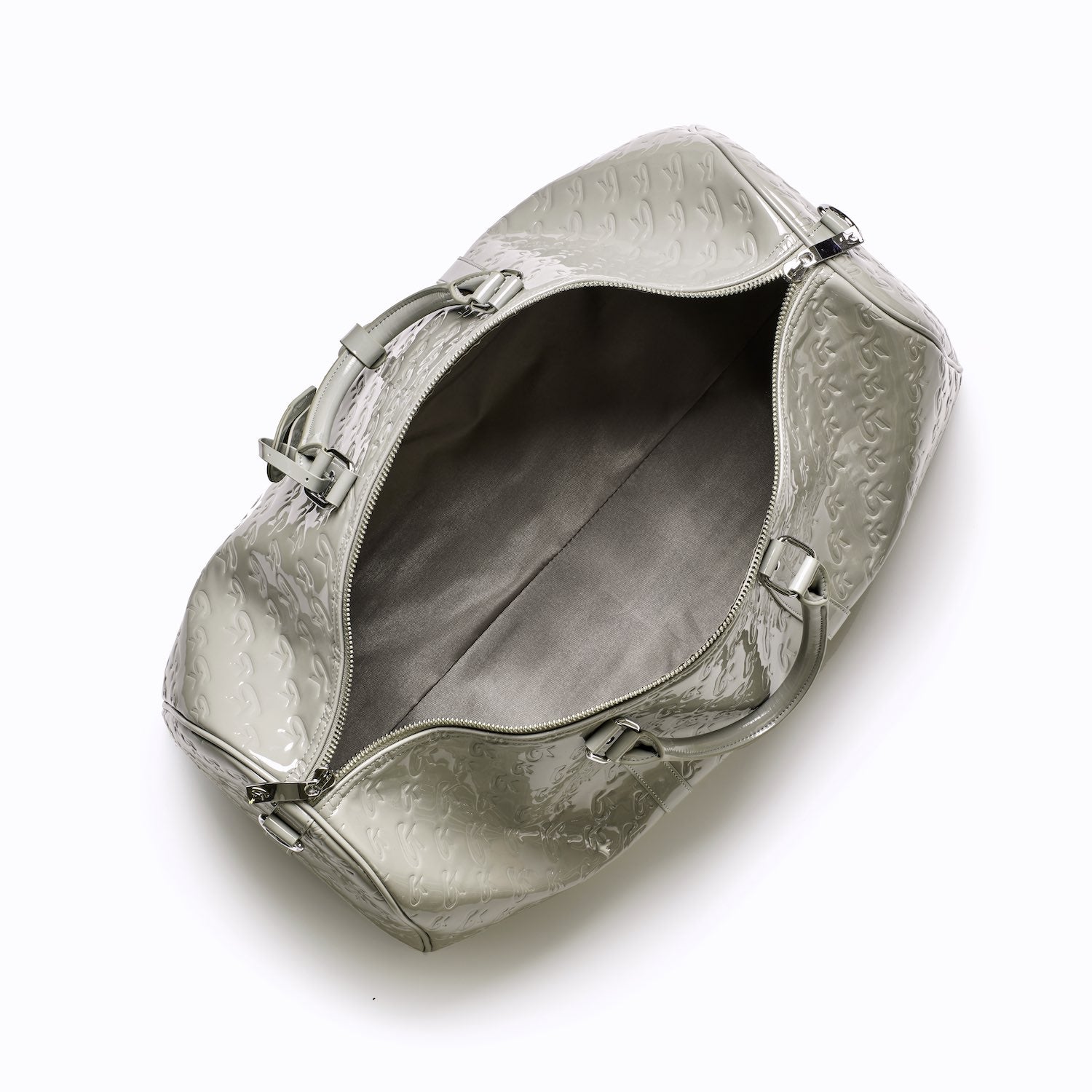 Mirror gray Monogram Duffle Bag with embossed pattern, open to show spacious interior and sturdy handles.