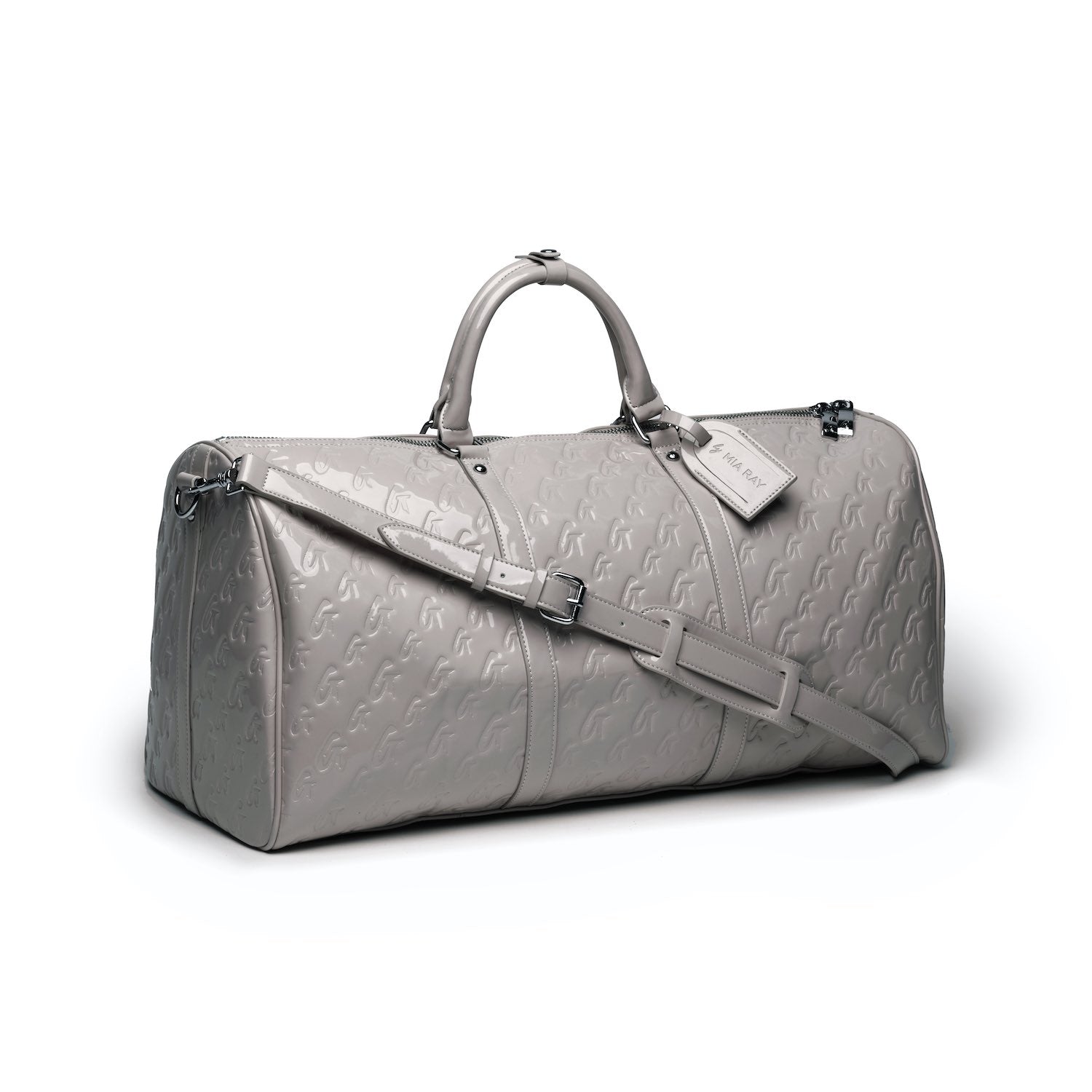 Mirror gray Monogram duffle bag with embossed logo pattern, top handles, adjustable shoulder strap, and zip closure.
