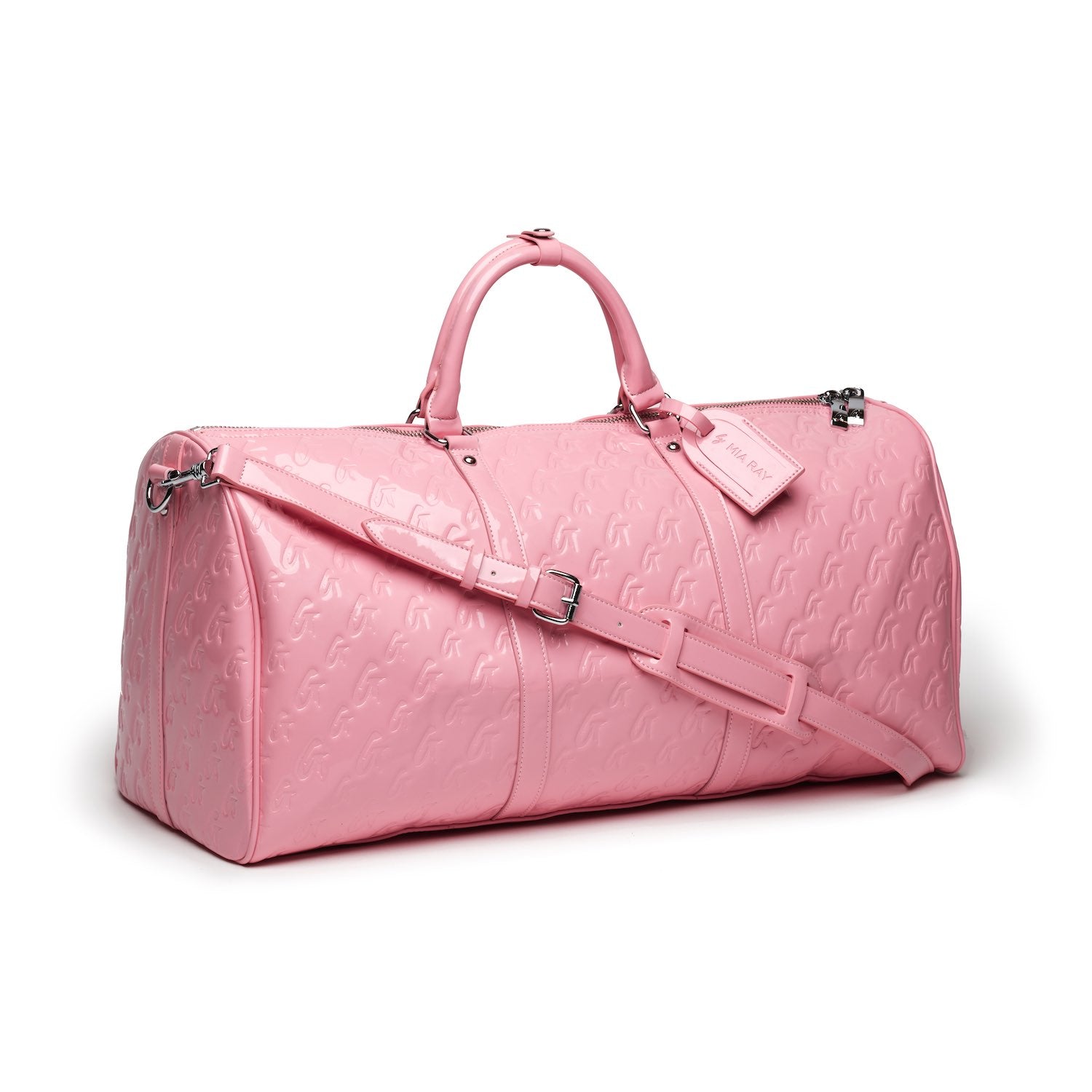 Pink Monogram Duffle Bag with embossed logo pattern, top handles, adjustable shoulder strap, and silver hardware.