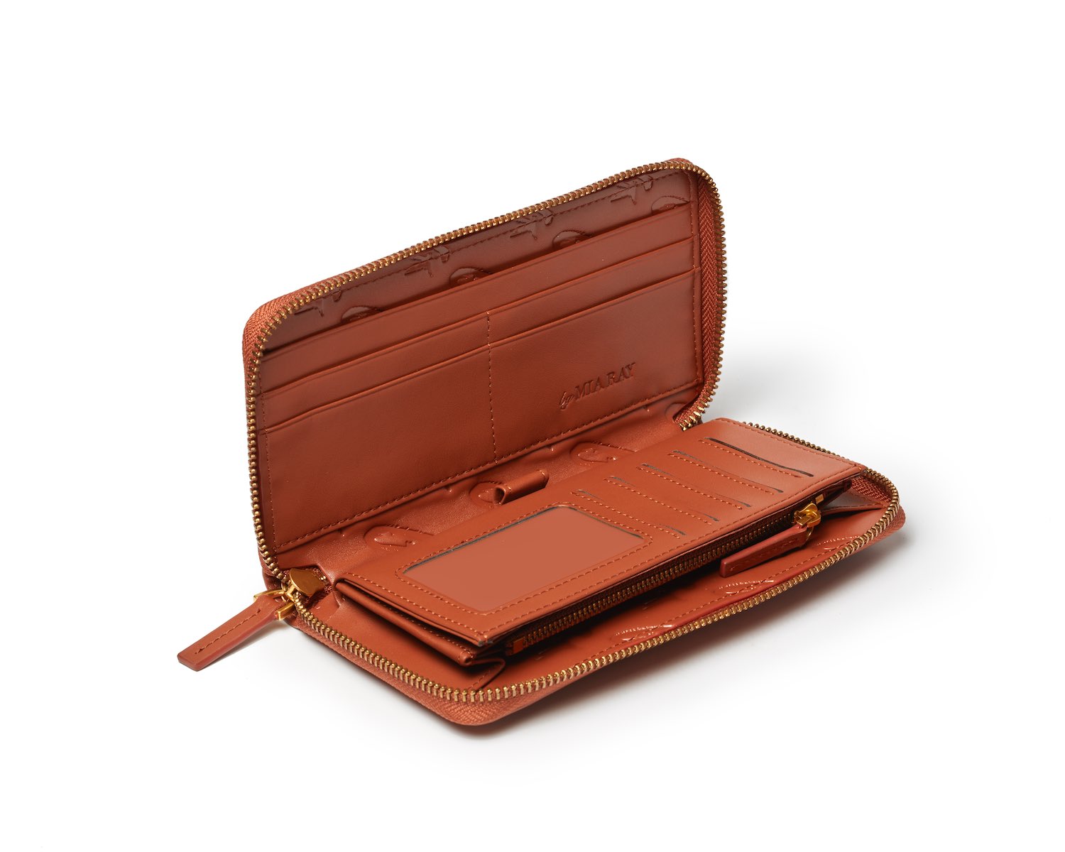 Brown leather zip-around wallet with multiple card slots, ID window, and interior compartments.