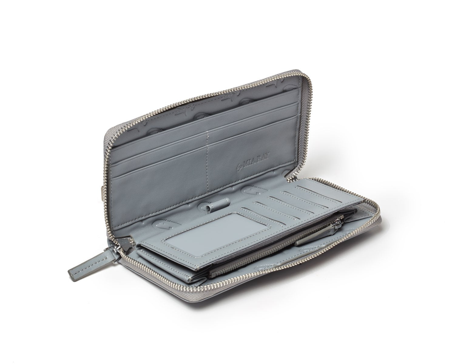 Gray monogram wallet with multiple card slots, a zippered coin pocket, and a sleek interior design.