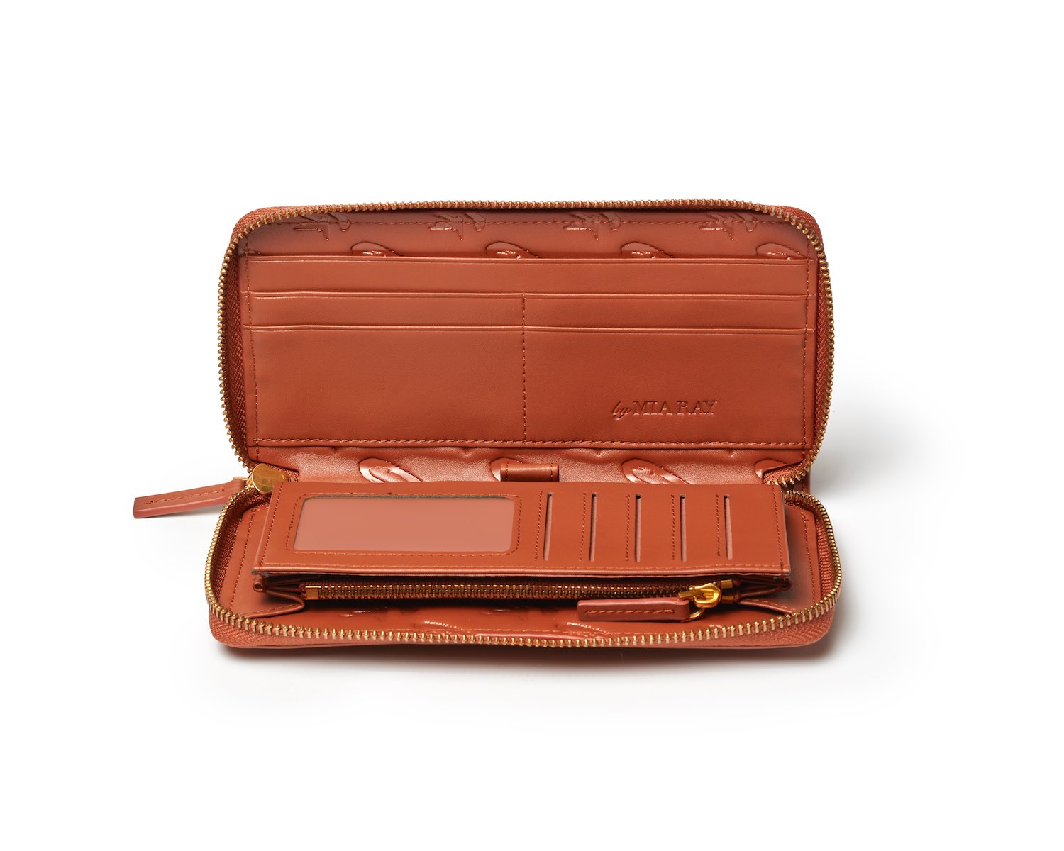 Open brown wallet with multiple card slots, clear ID window, and zippered coin pocket, featuring gold zipper details.