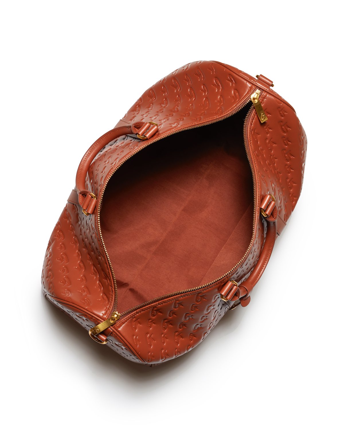 Brown unisex duffle bag with embossed monogram pattern, gold zipper, and sturdy handles, open to show spacious interior.