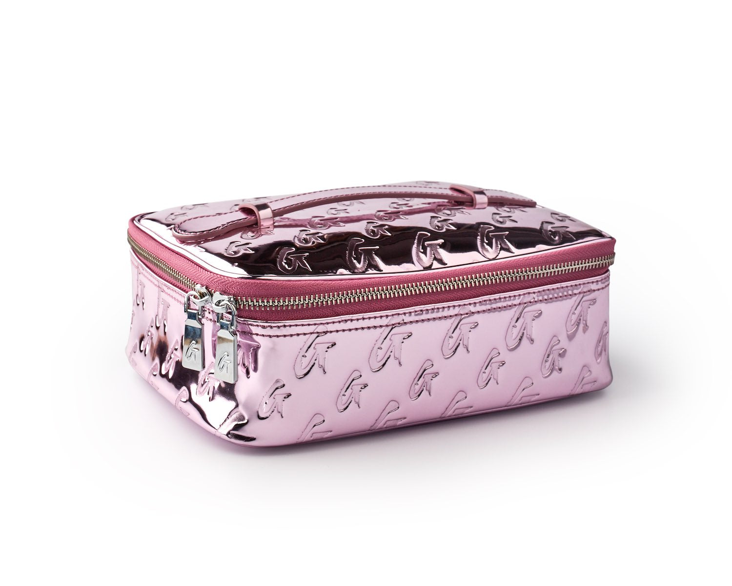Medium metallic pink monogram toiletry bag with embossed G pattern, silver zippers, and a handle on top.