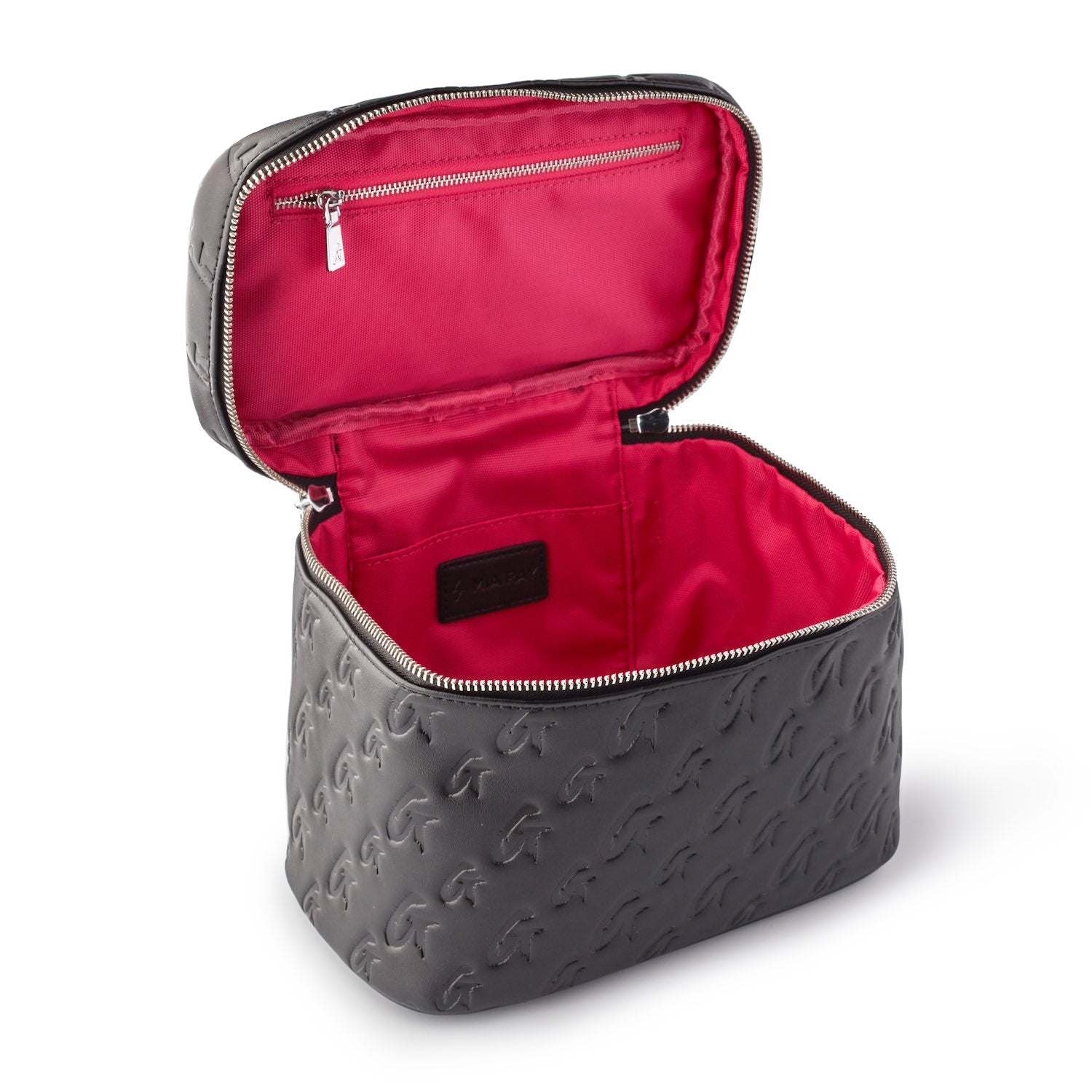 Large black and pink monogram toiletry bag with a zippered top and spacious interior for organizing essentials.