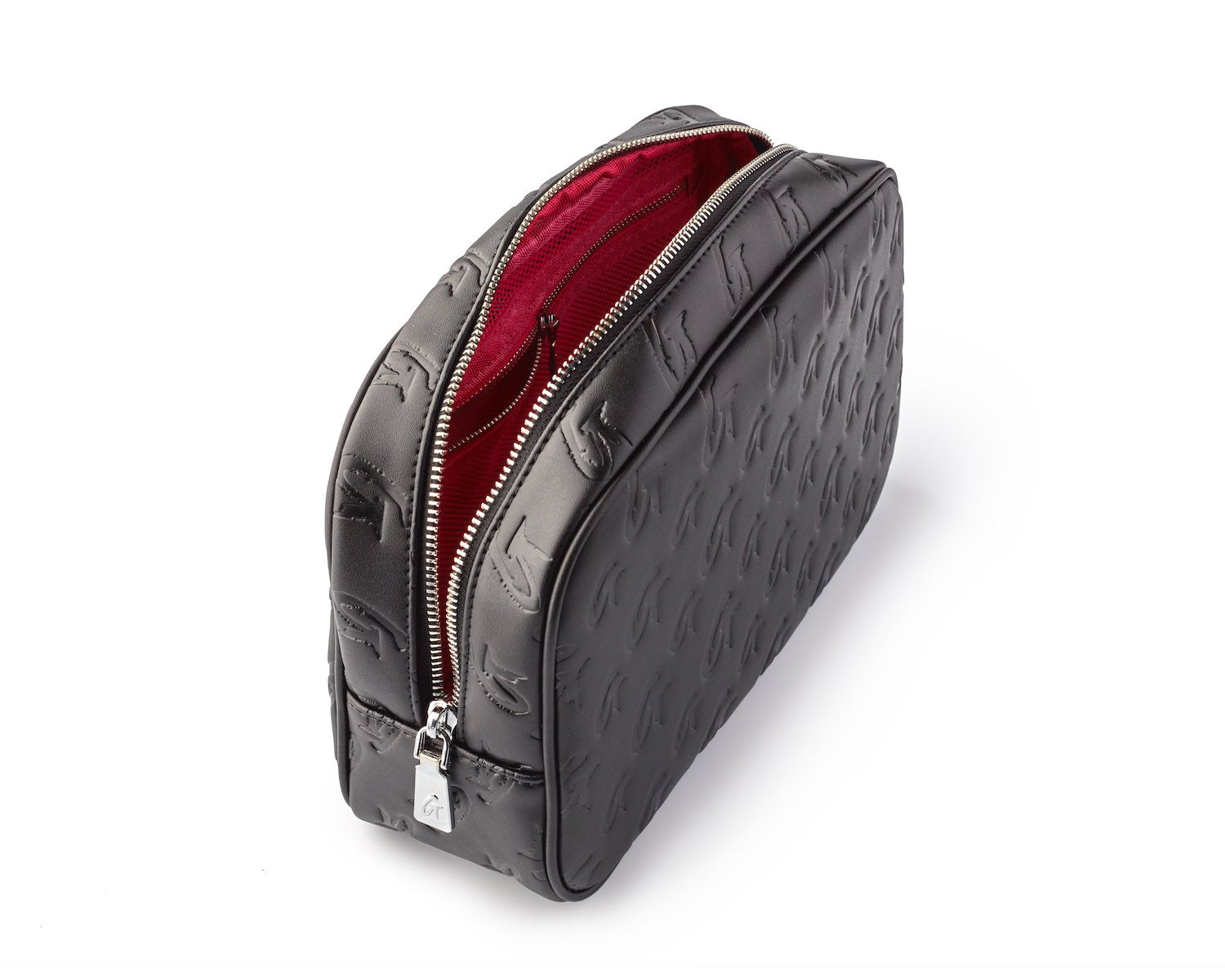 Small black and pink monogram toiletry bag with a zip closure and textured exterior, perfect for travel essentials.