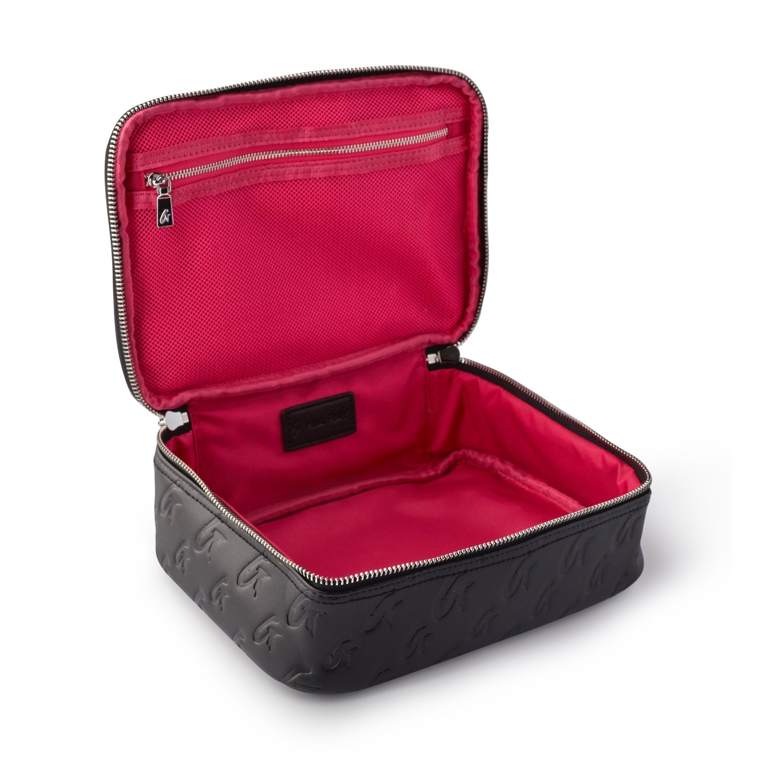 Medium monogram toiletry bag in black with pink interior, featuring a zip closure and spacious design for essentials.