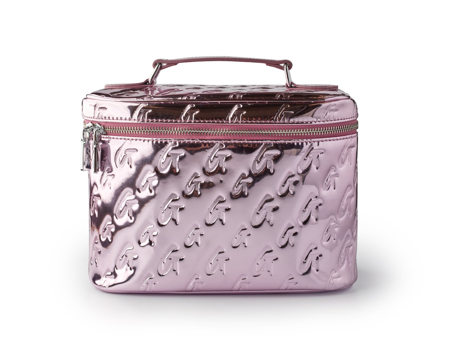 Large metallic pink monogram toiletry bag with embossed G pattern and zipper closure.